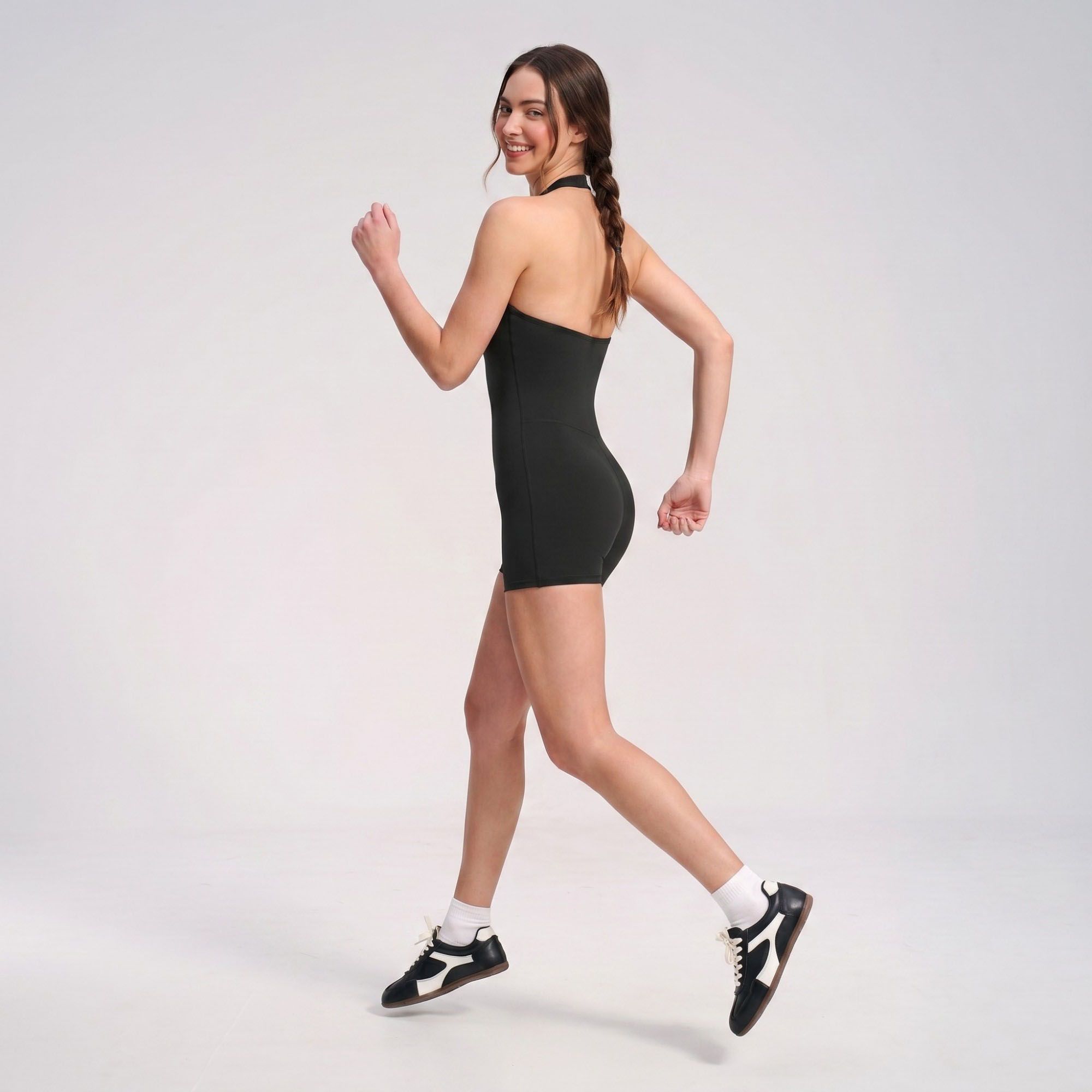 Halter Neck Active Romper Sleeveless Open Back Workout Yoga One Piece Shorts Jumpsuit