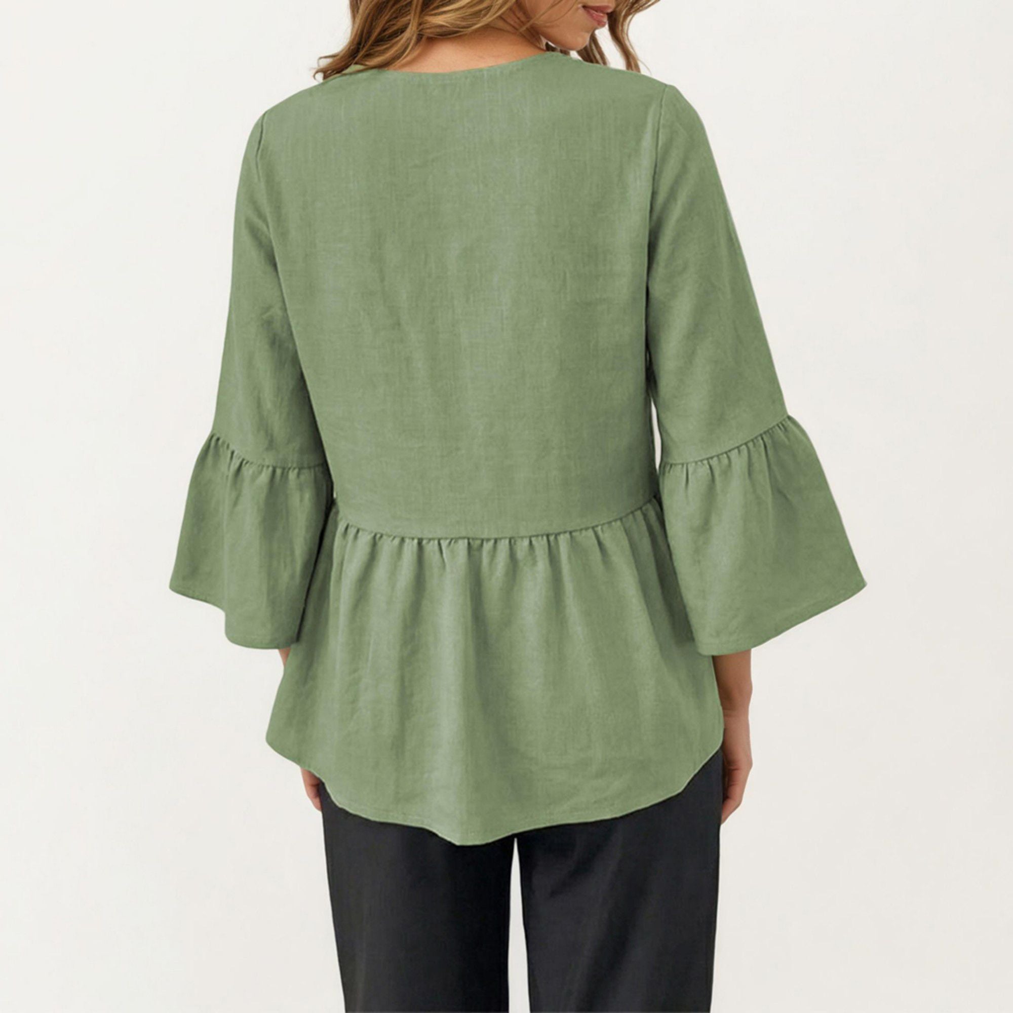 Anna-Kaci Women's V-Neck Bell Sleeve Peplum Blouse with Button Detail and Gathered Waist