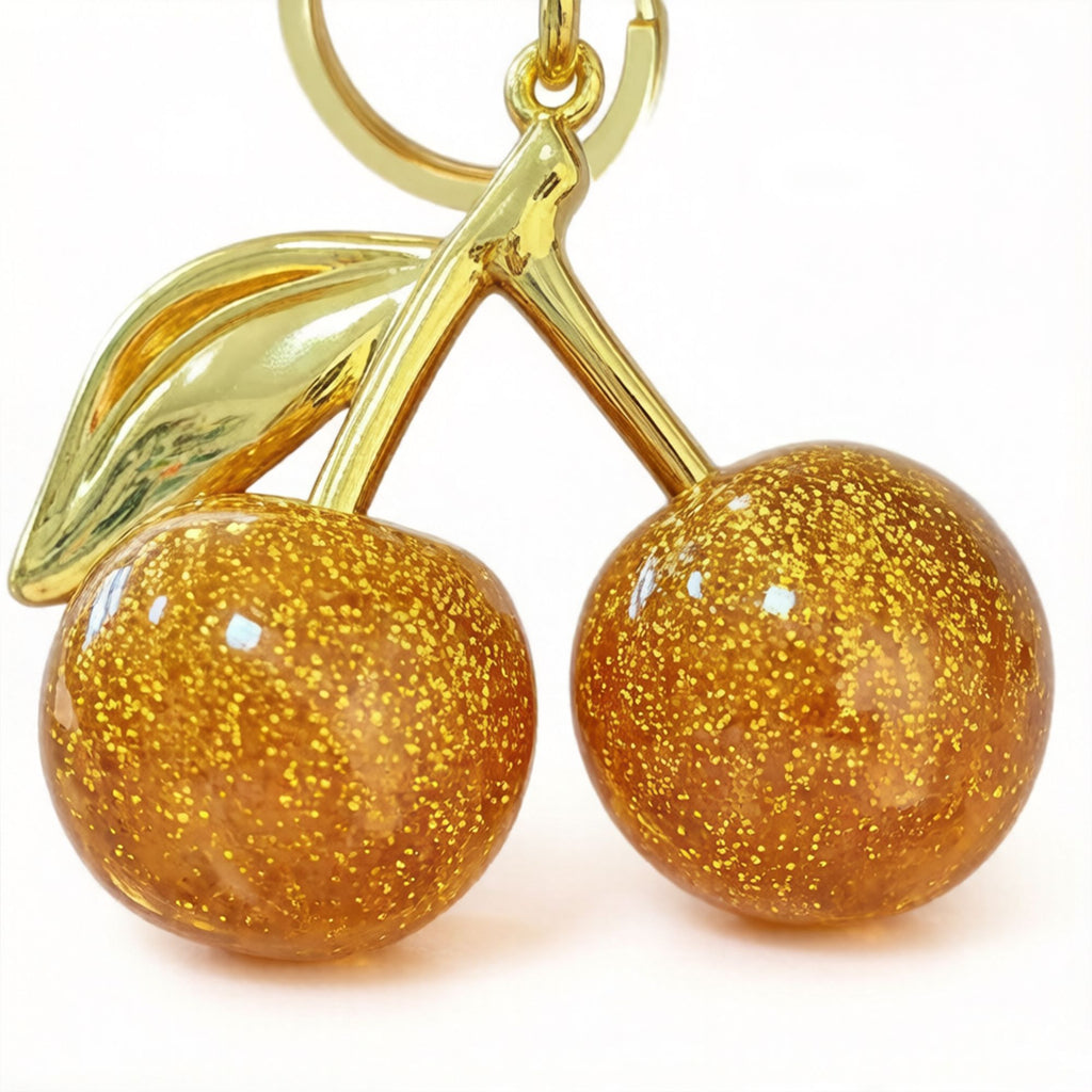 Cherry Charm Keychain with Glitter Fruit Pendant Gold Tone Clip and Key Ring Bag Accessory