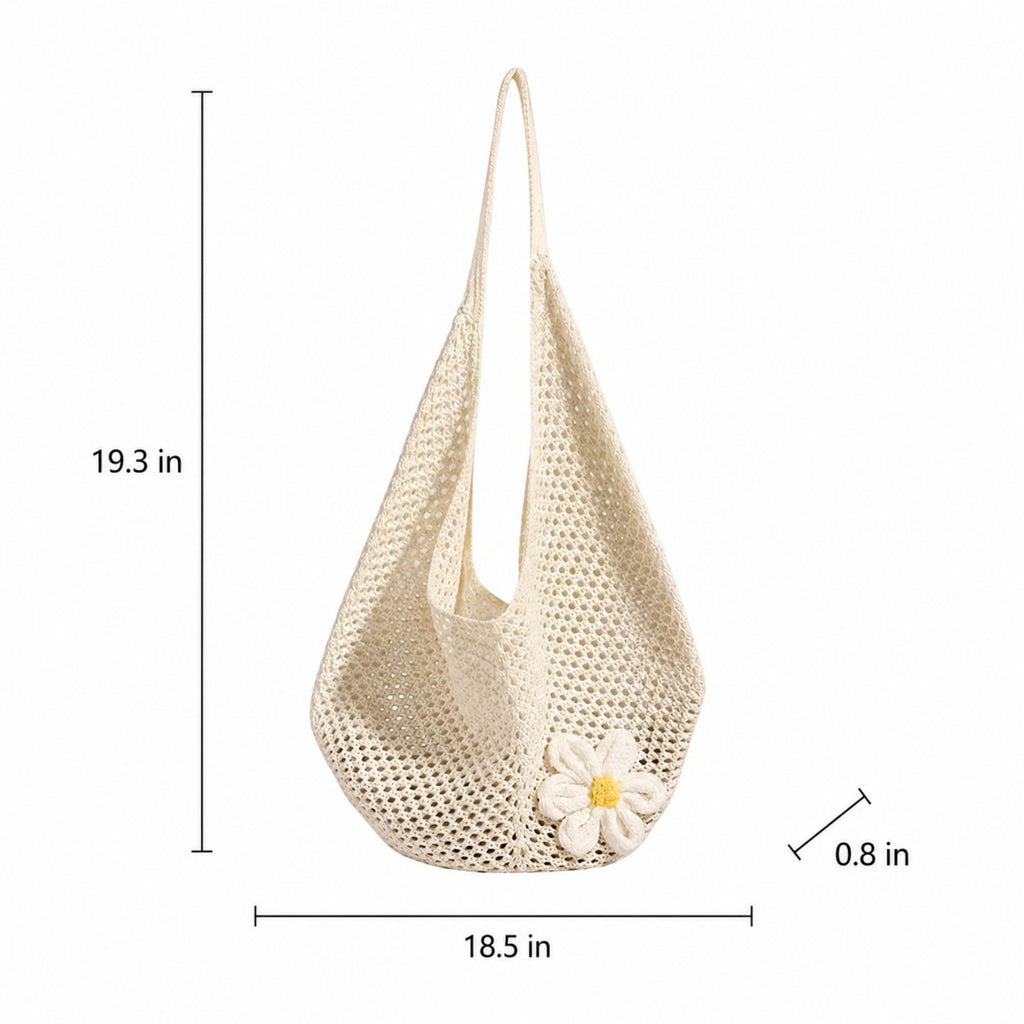 Flower Detail Woven Tote Bag for Women - Lightweight Summer Shoulder Bag for Vacation