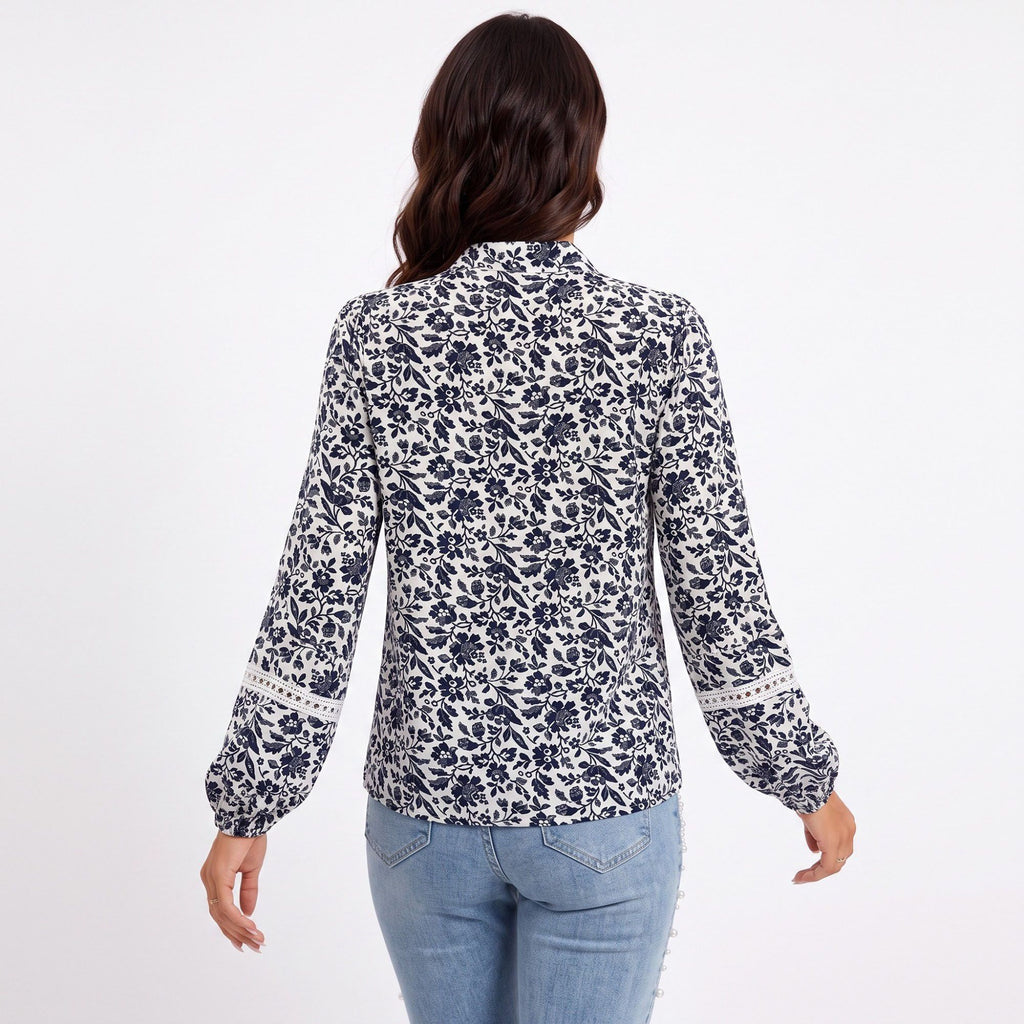 Floral Print Hooded Blouse Long Sleeve Lace Trim Pullover Top