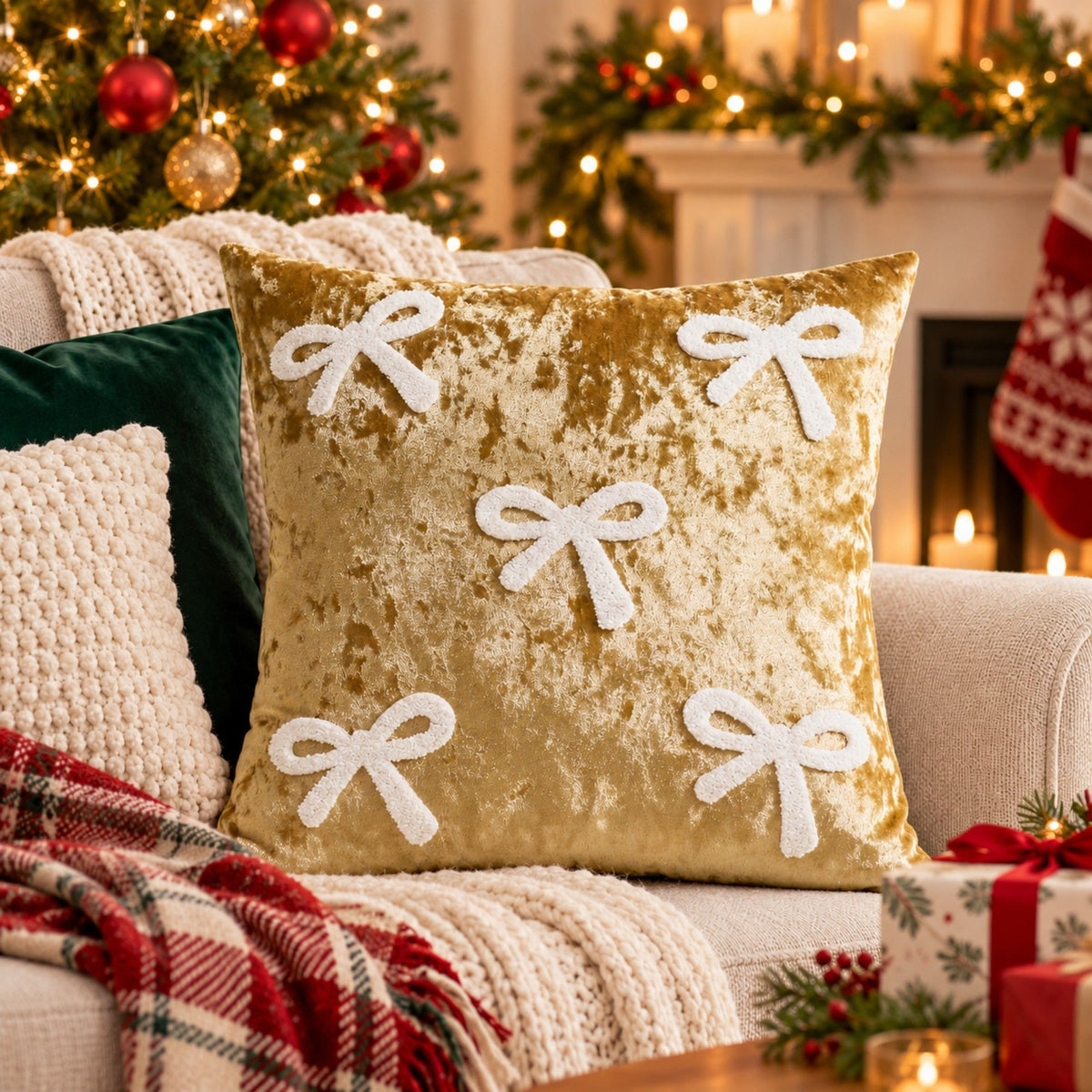 1 Piece Decorative Bow Throw Pillow Cover Soft Velvet Christmas Accent 18 x 18 Inch