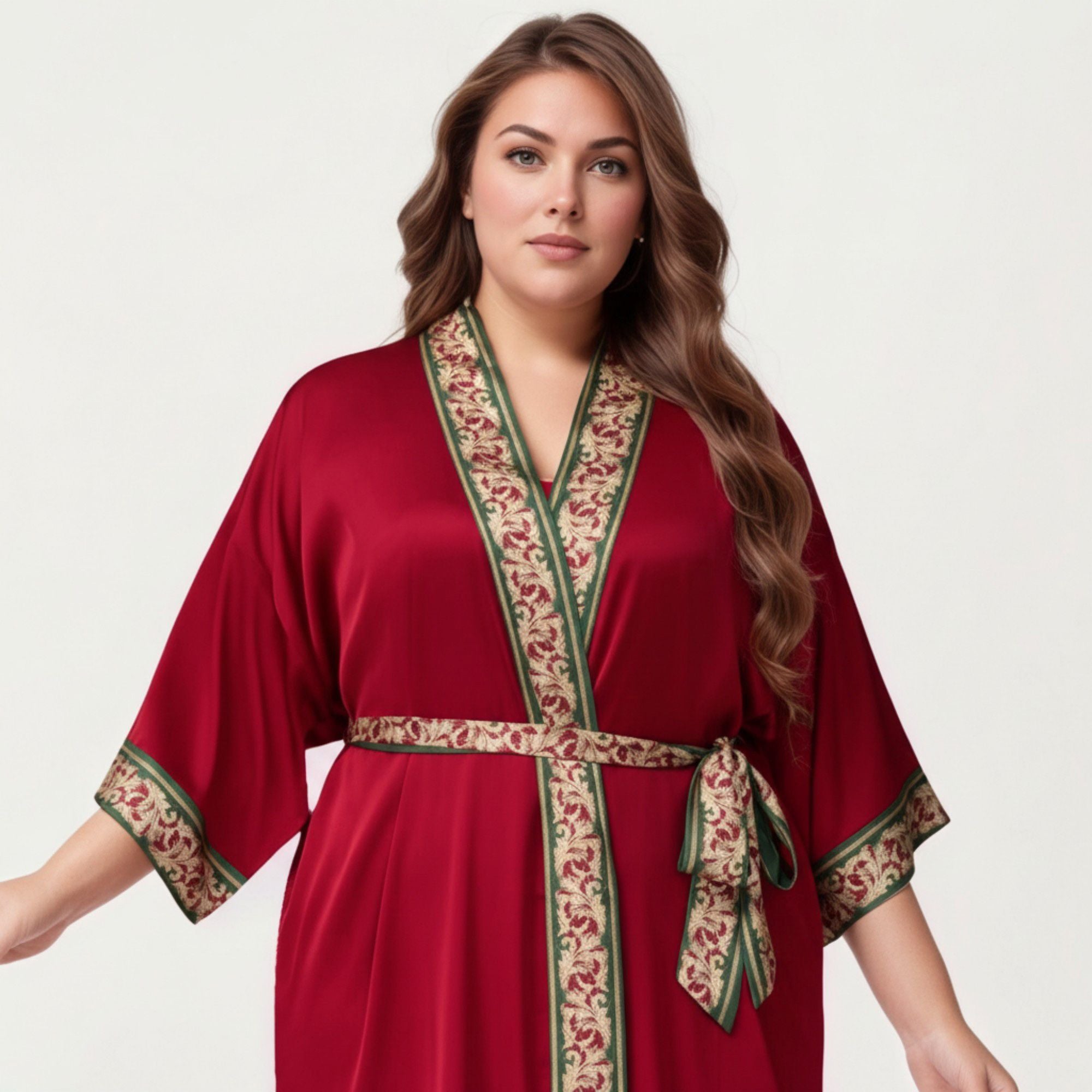 Anna-Kaci Lounge Women's Plus Size Satin Robe with Floral Trim Belted Kimono Sleeve Long Robe Sleepwear