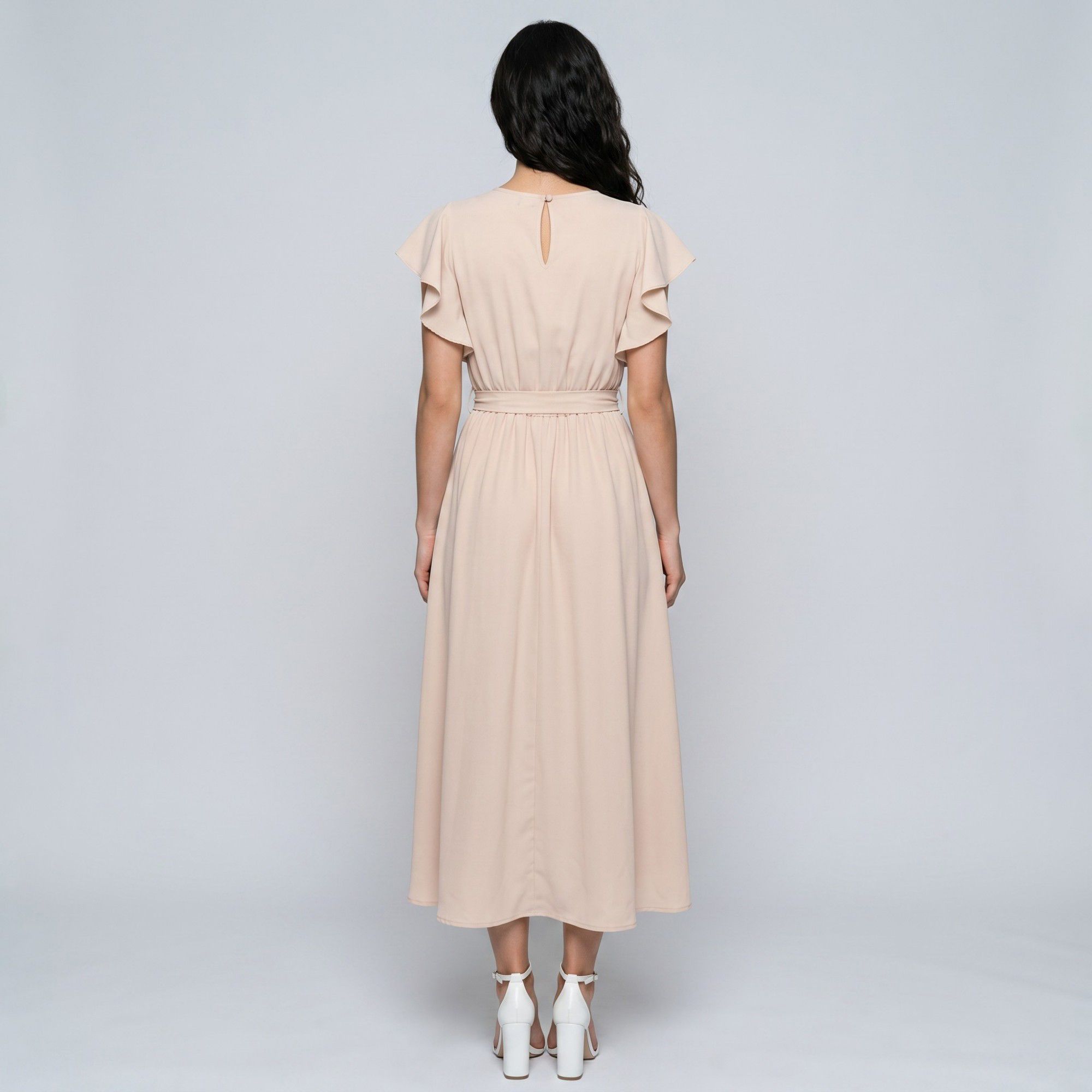 Flutter Sleeve Tie Waist Midi Dress with Round Neckline Flowy A Line Skirt and Soft Gathered Silhouette