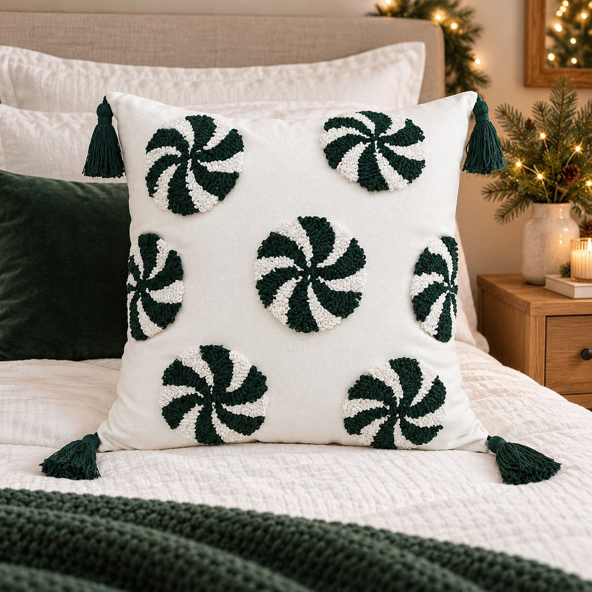 Christmas Peppermint Tufted Tassel Throw Pillow Cover