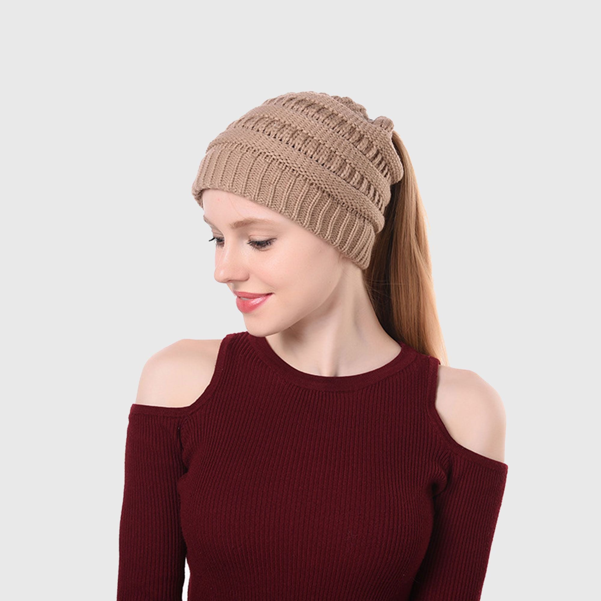 Anna-Kaci Women's Ponytail Beanie Hats - Acrylic Knit Stretchable Messy Bun Skull Cap for Winter & Casual Wear