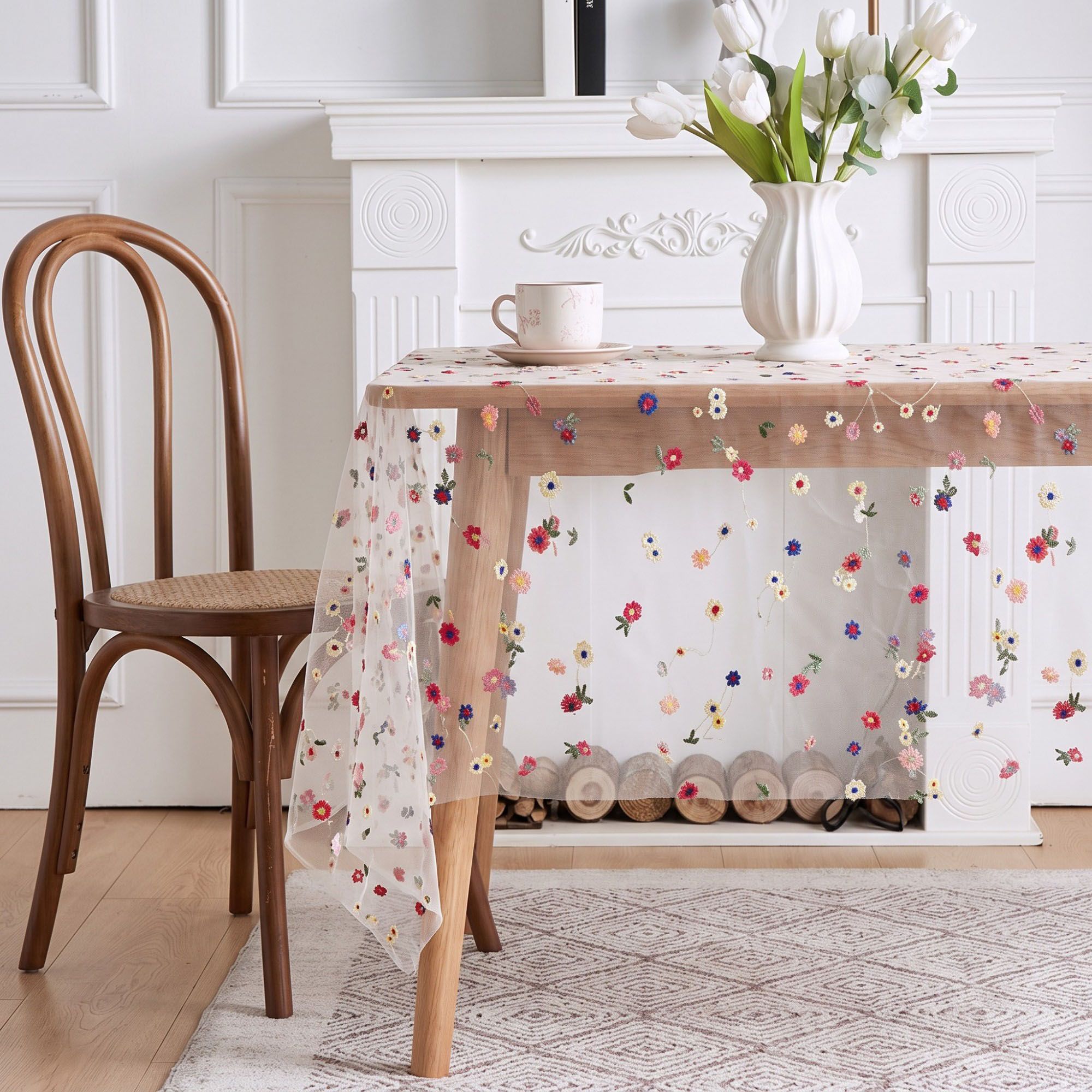 Sheer Floral Embroidered Rectangular Tablecloth 59.1x39.4in