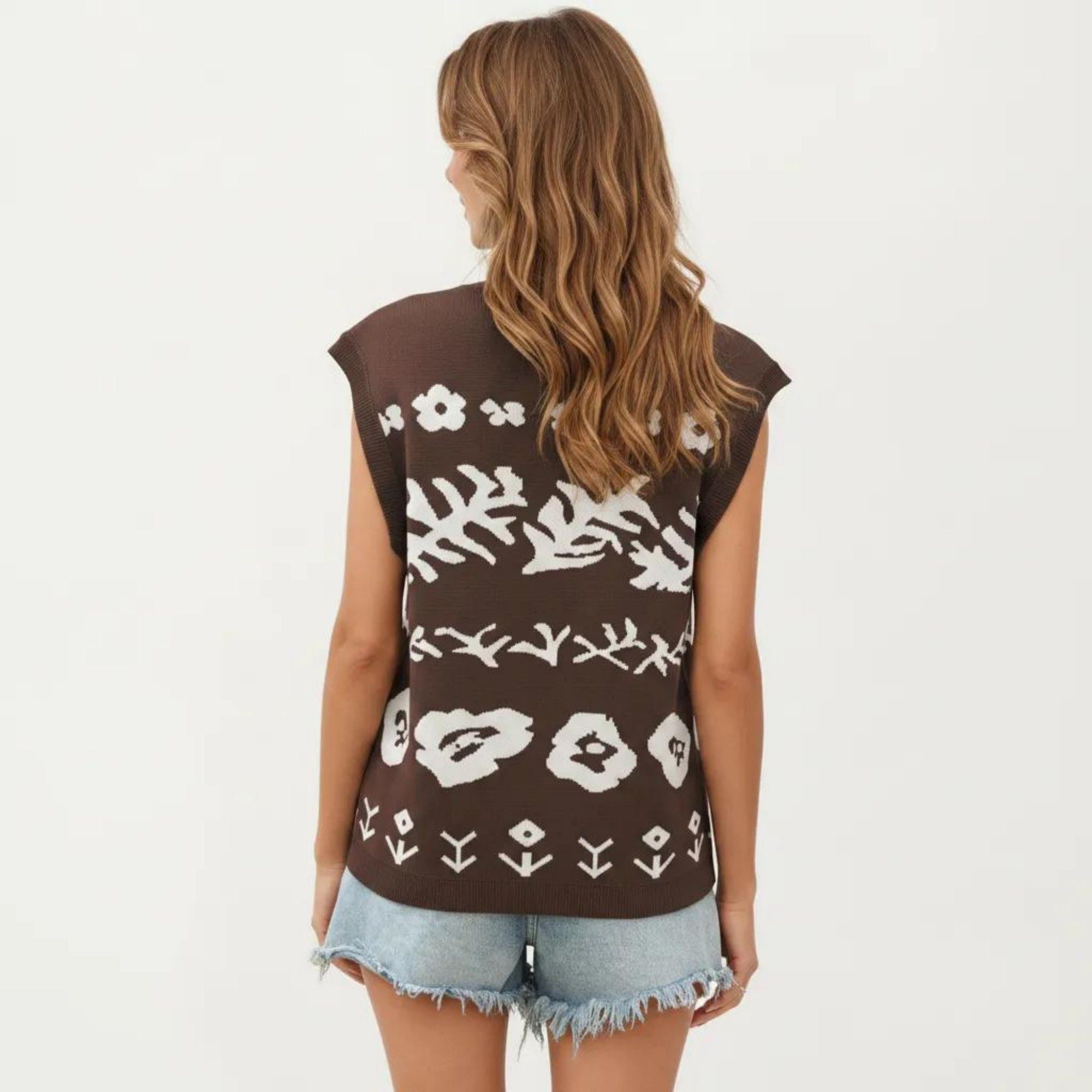Anna-Kaci Women's Sleeveless Floral Knit Vest Top with V-Neck Front and Button Detail