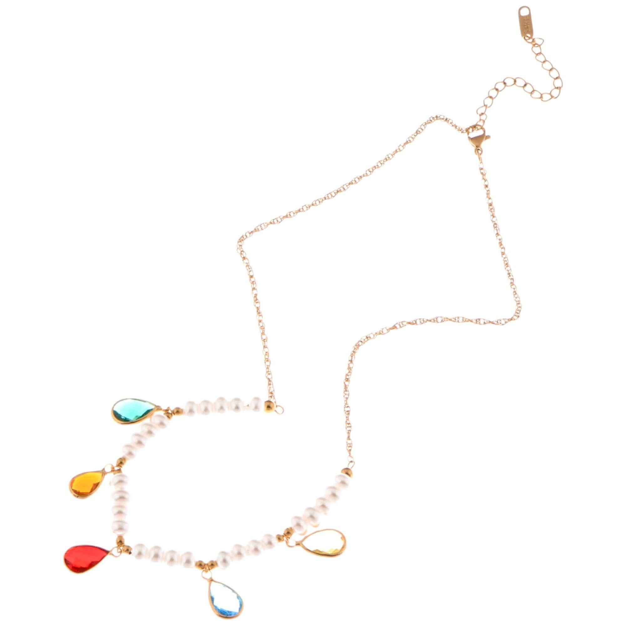 Pearl Beaded Fashion Necklace with Colorful Teardrop Crystal Charms
