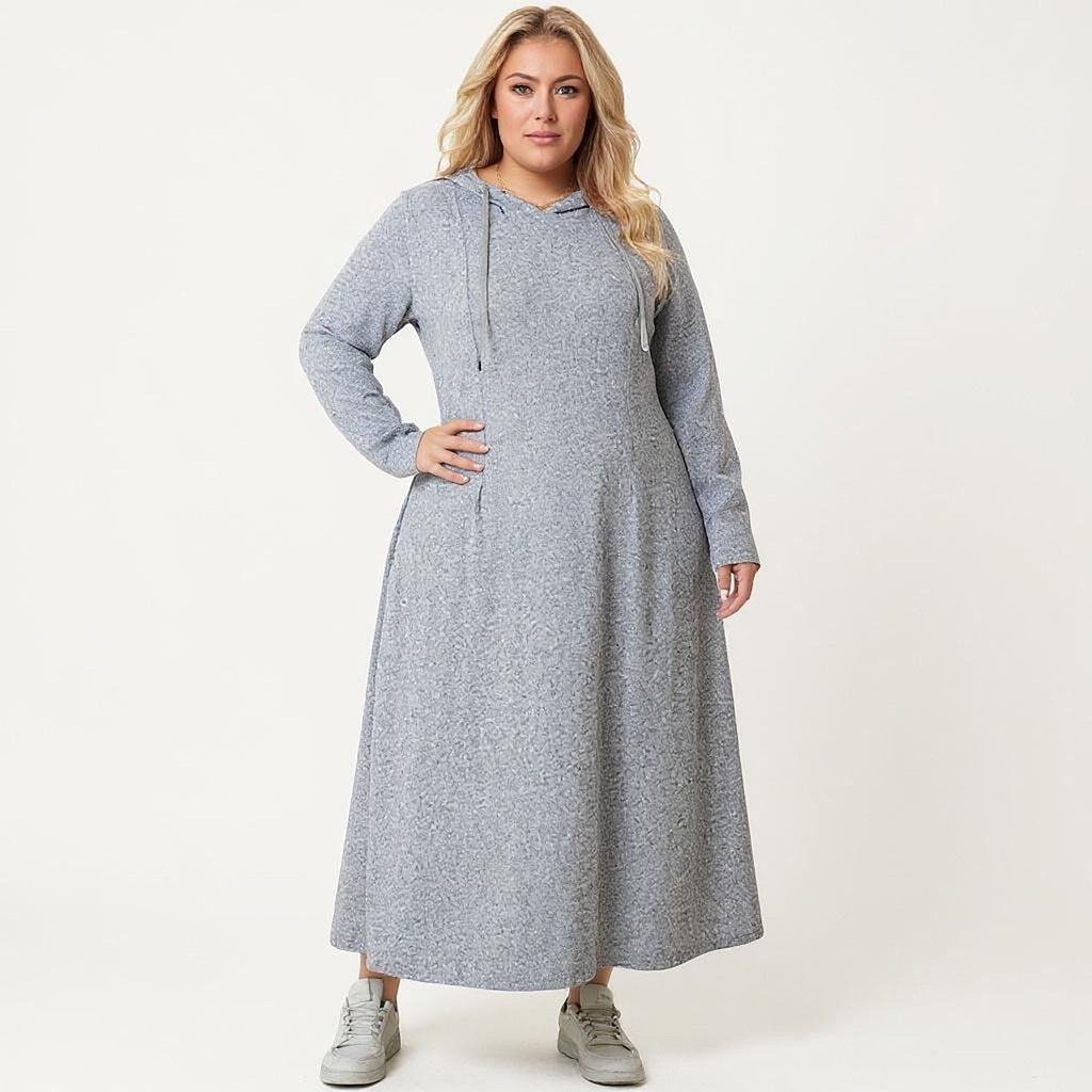 Anna-Kaci Women's Plus Size Long Sleeve Hooded Maxi Dress with Relaxed Fit Silhouette and Soft Flowy Hem