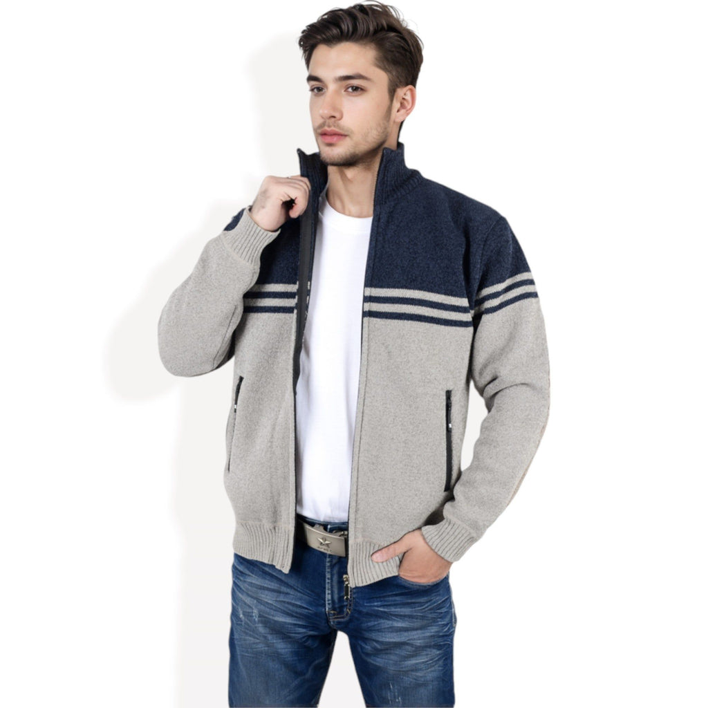 Anna-Kaci Men's Zip-Up Striped Fleece Jacket with High Collar and Front Pockets