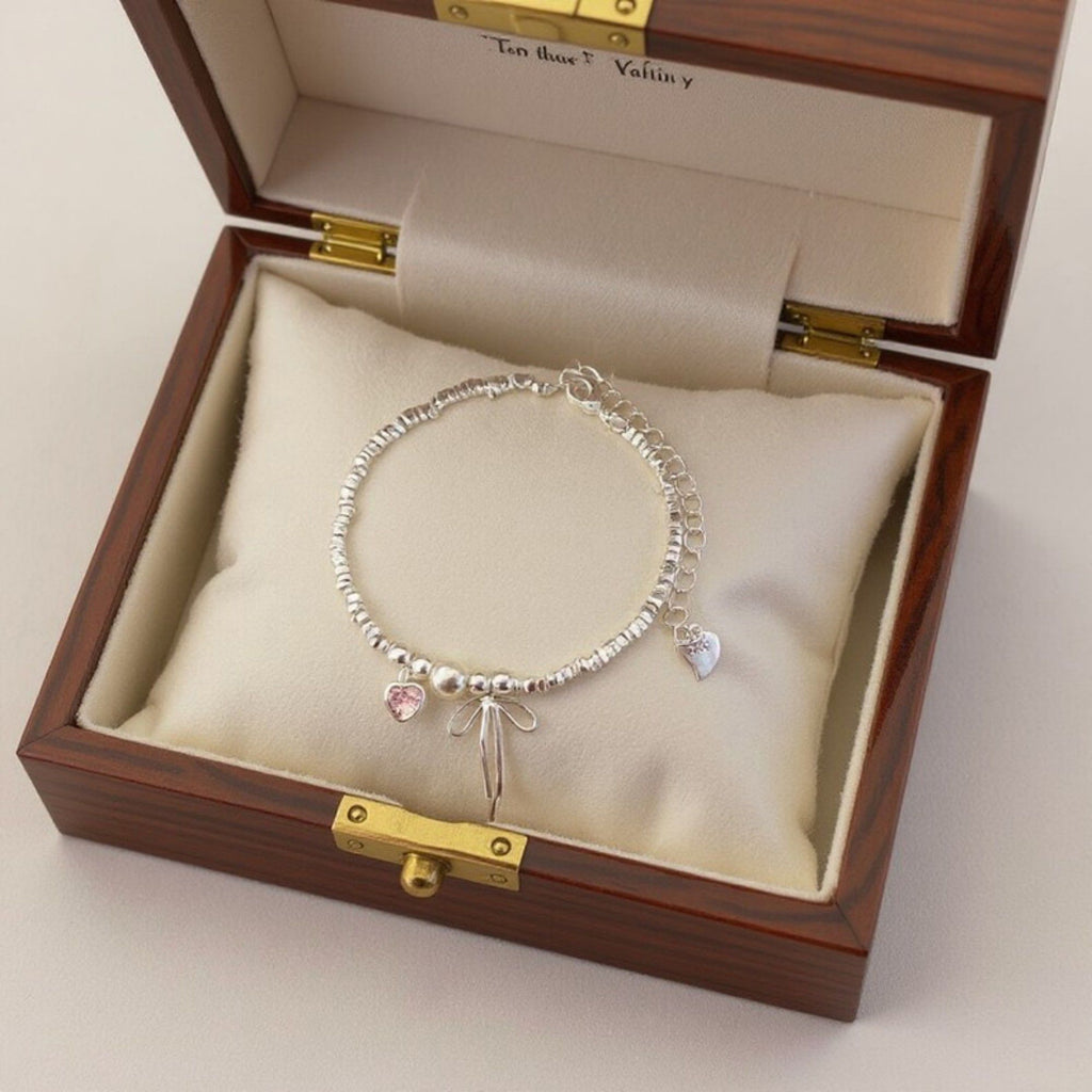 Women's Beaded Bracelet with Heart and Bow Charms Adjustable Chain Design