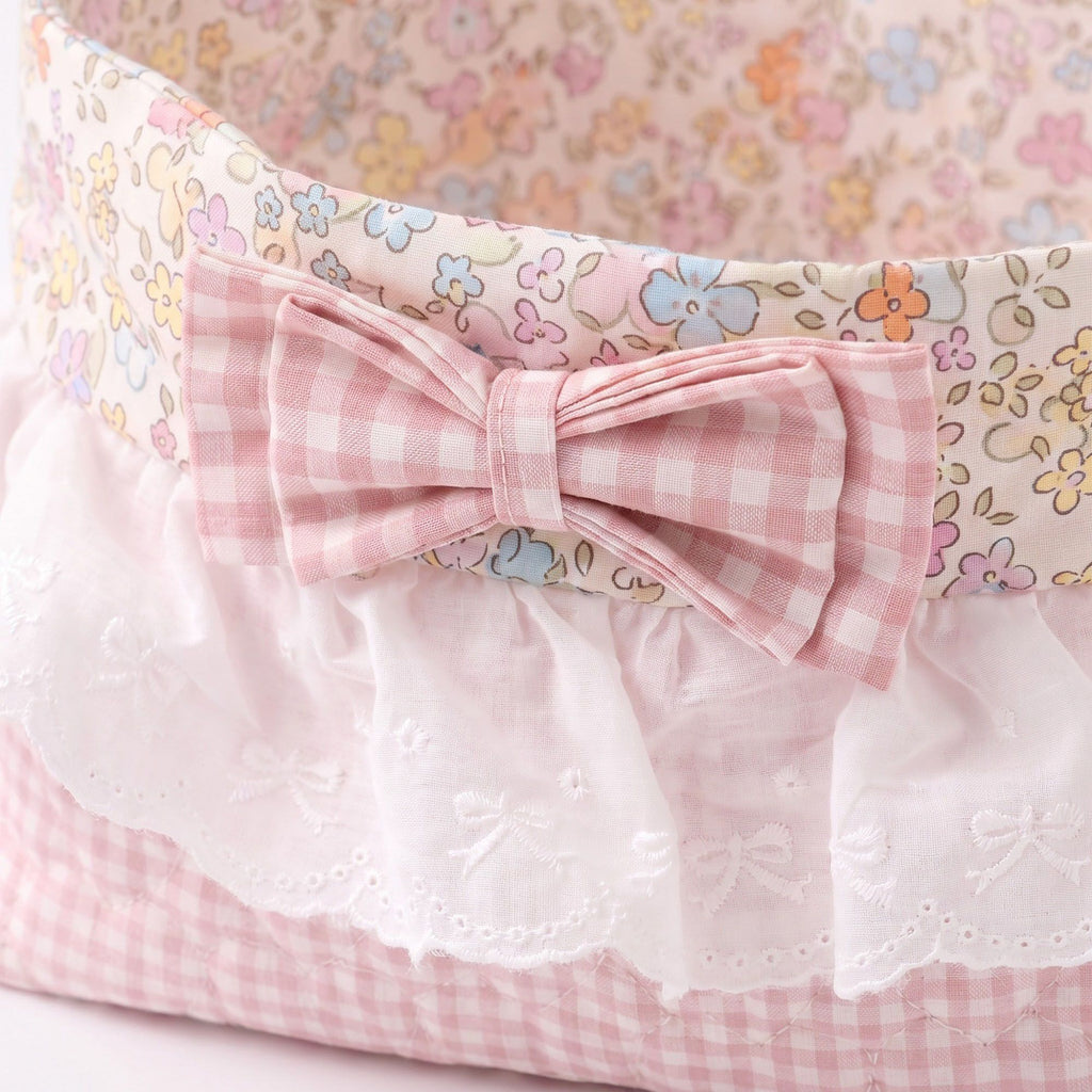Floral Gingham Quilted Storage Basket with Lace Eyelet Ruffle & Bow