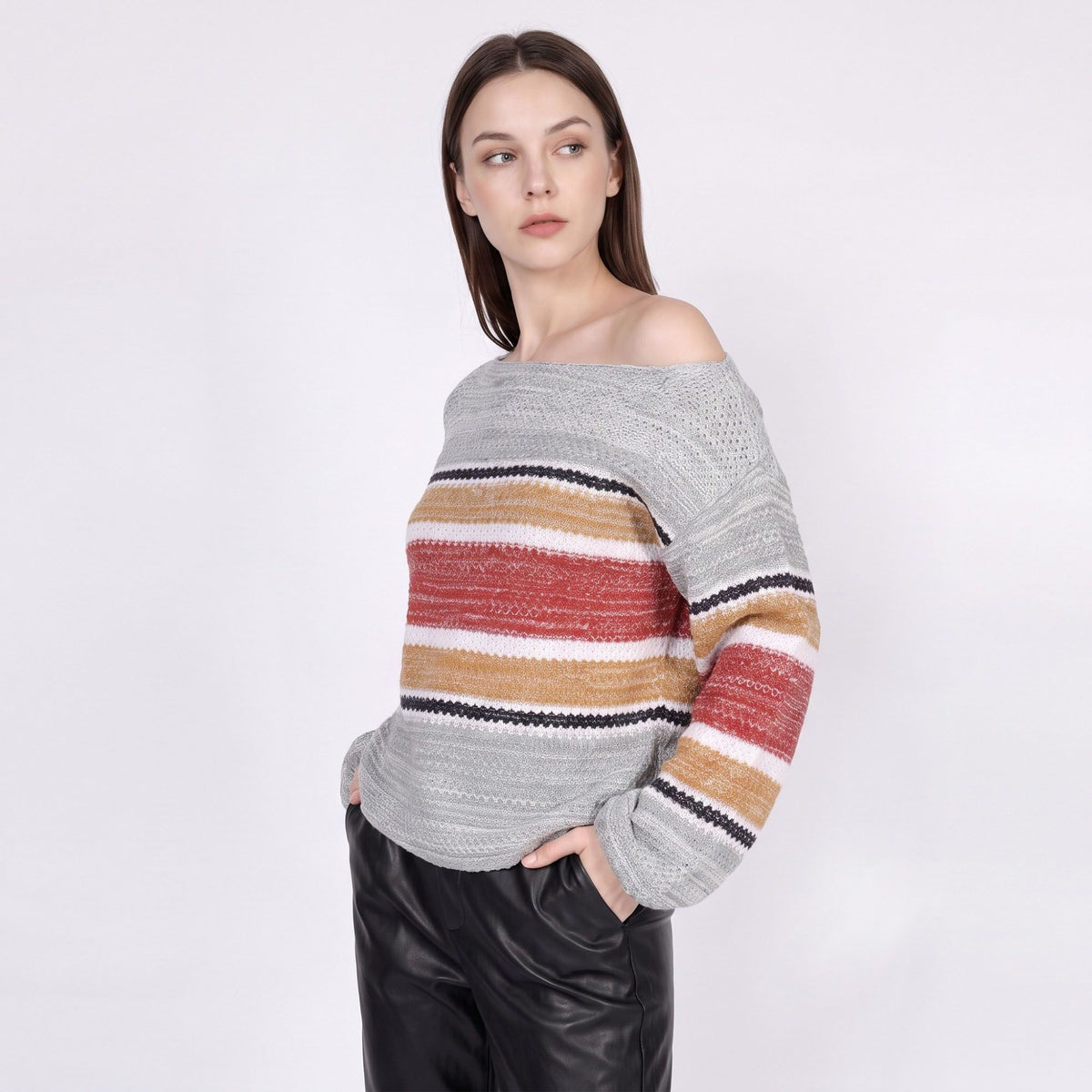 Striped Boat Neck Open Knit Pullover Sweater