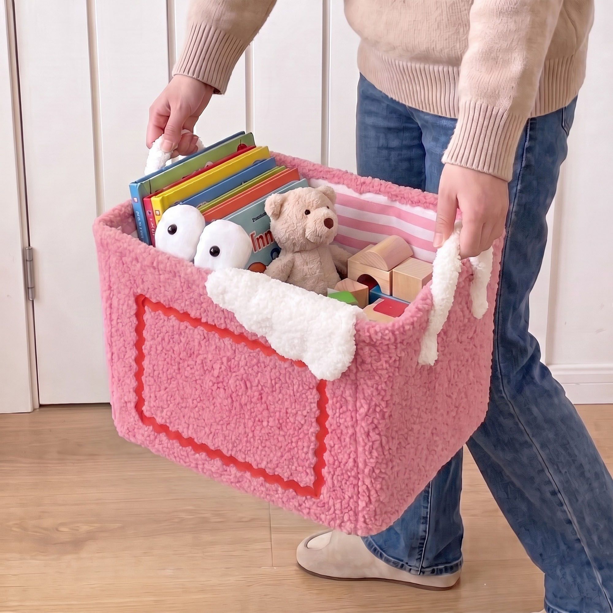 Kids Plush Storage Basket with Handles and Front Pocket