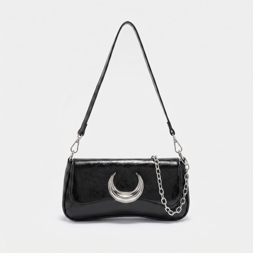 Glossy Crescent Accent Flap Shoulder Bag with Chain Detail