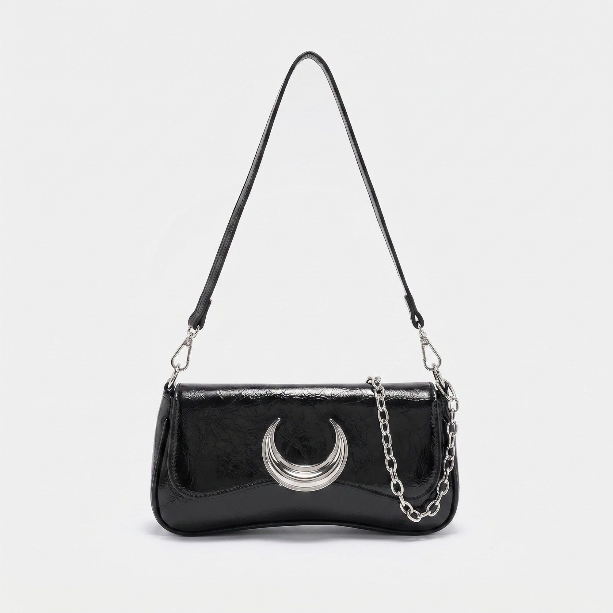 Glossy Crescent Accent Flap Shoulder Bag with Chain Detail