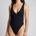 Textured V-Neck One Piece Swimsuit with Wide Straps Front Ring Detail High Cut Leg and Stretch Fit