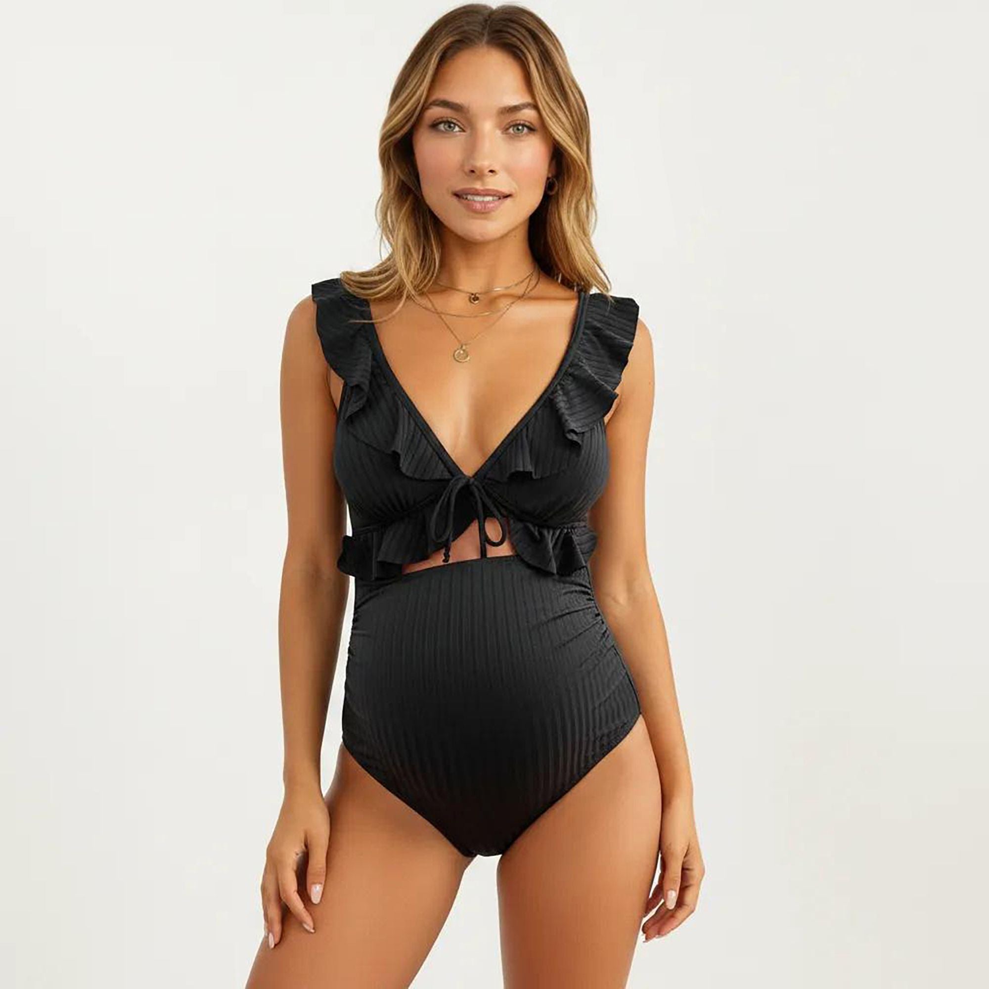 Anna-Kaci Swim Women's Maternity One-Piece Swimsuit with Ruffled Sleeves and Tie Front Detail