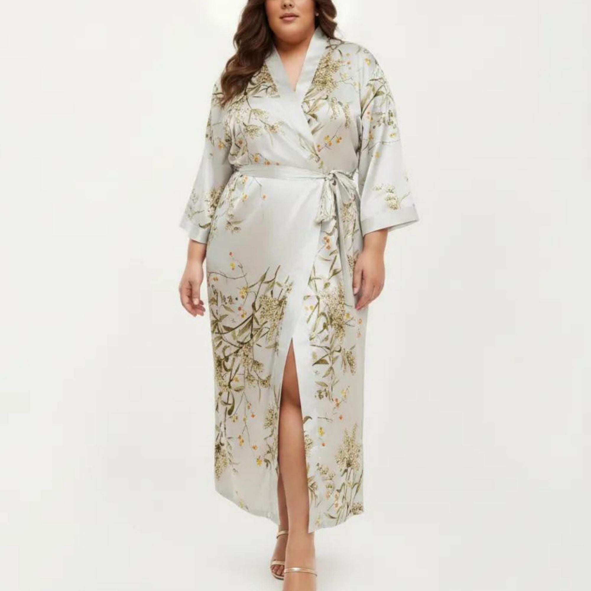 Anna-Kaci Lounge Women's Plus Size Satin Floral Kimono Robe with Self Tie Belt Longline Open Front Lightweight Sleepwear