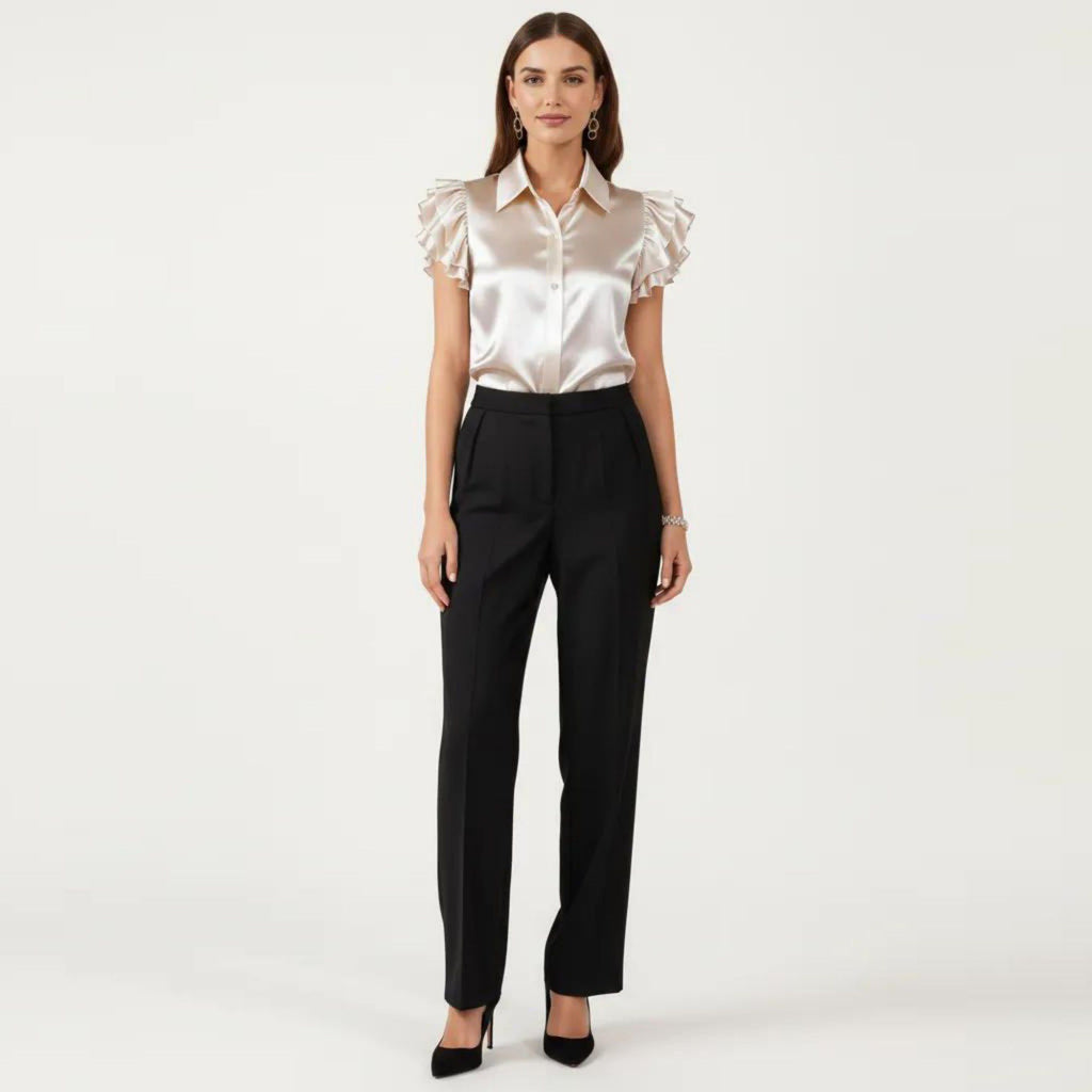 Anna-Kaci Women's Satin Button Down Blouse with Ruffle Sleeves and Collared Neckline