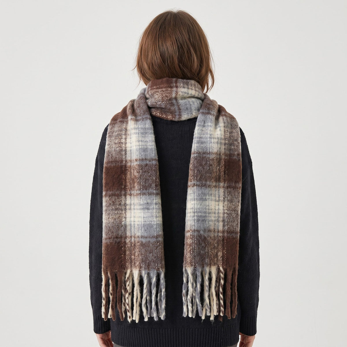 Oversized Plaid Scarf with Fringe Soft Brushed Winter Wrap