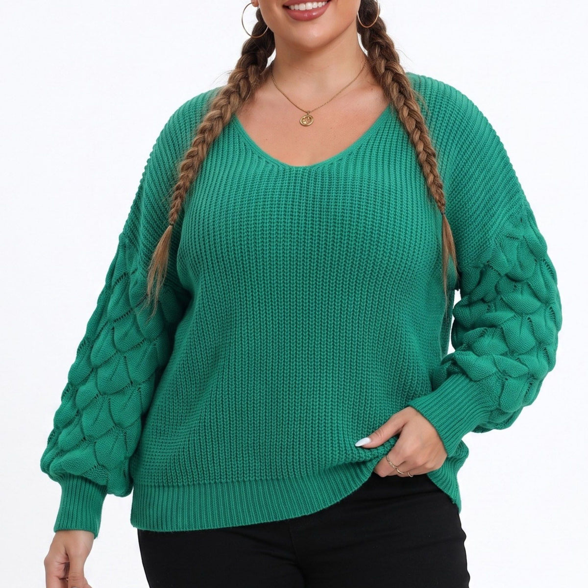 Plus Size V-Neck Textured Sleeve Pullover Sweater