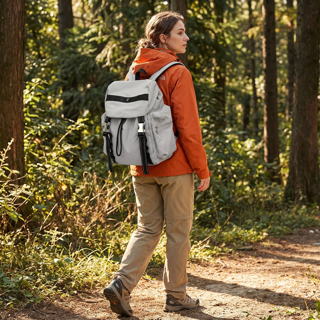 Flap Drawstring Backpack with Dual Buckle Straps and Zippered Side Pockets
