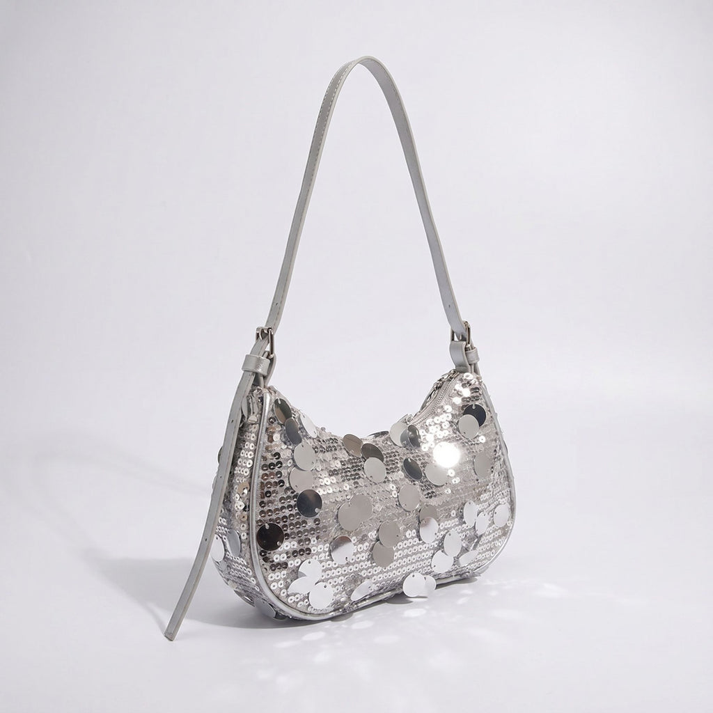 Sequin Crescent Shoulder Bag with Disc Paillette Details and Slim Strap