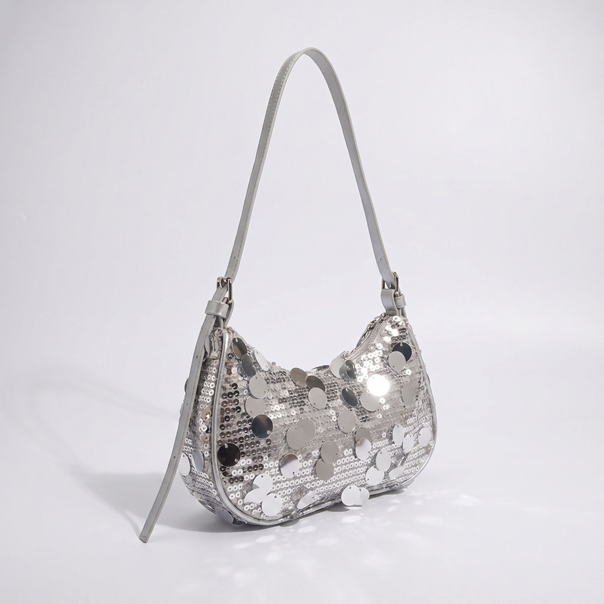Sequin Crescent Shoulder Bag with Disc Paillette Details and Slim Strap