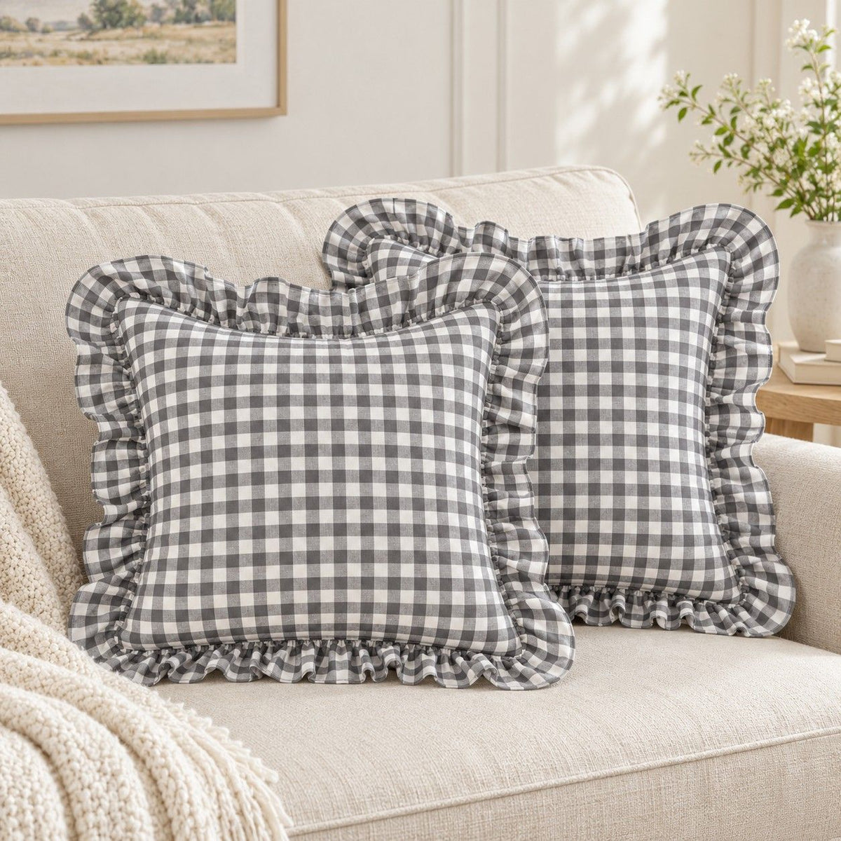 2 Pack Gingham Check Ruffle Throw Pillow Covers 18 x 18 Inch