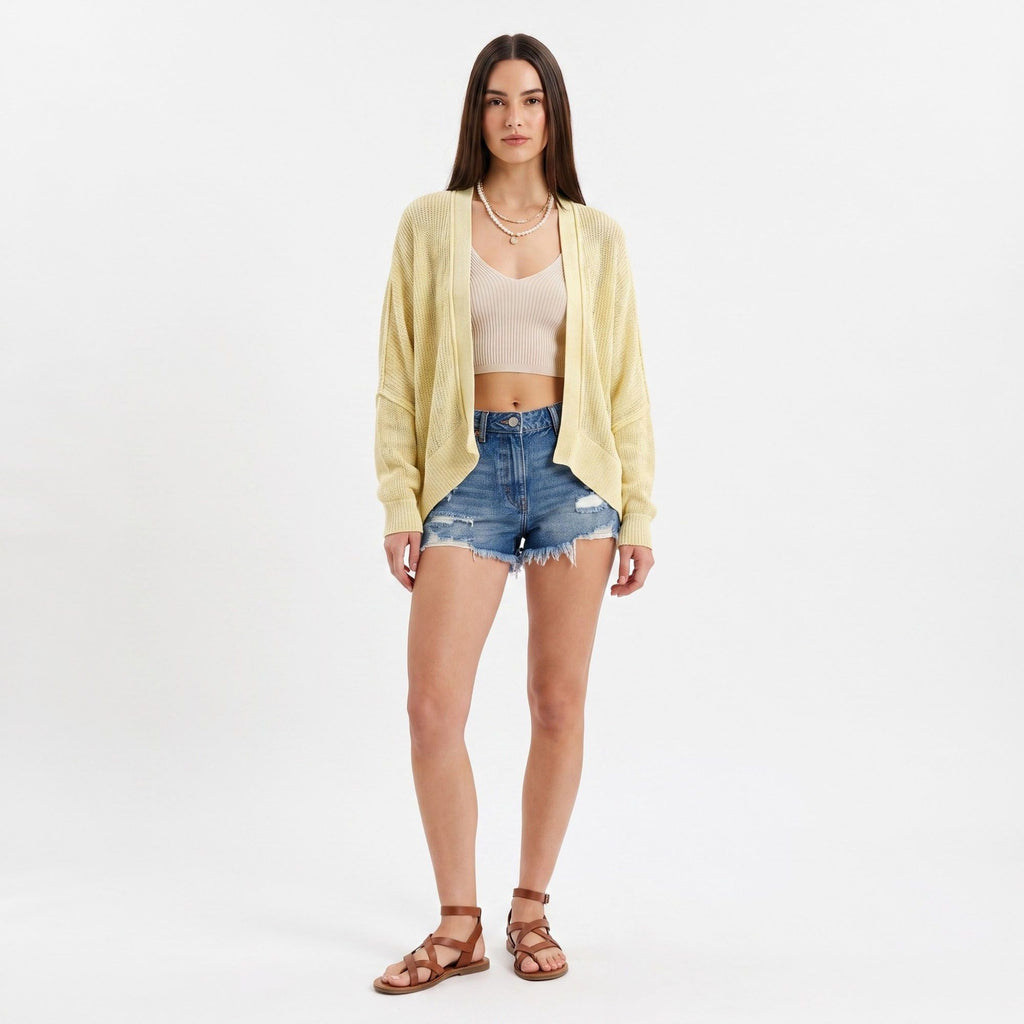 Open-Front Dolman Sleeve Draped Knit Cardigan
