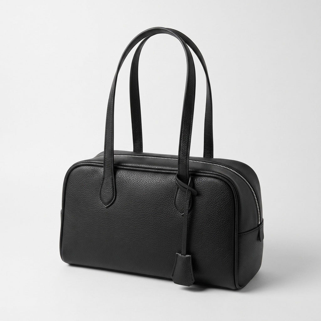 Smooth Grain Rectangular Boston Shoulder Bag with Fixed Long Top Handles & Full Zip Closure 11.8x7.1x4.7in