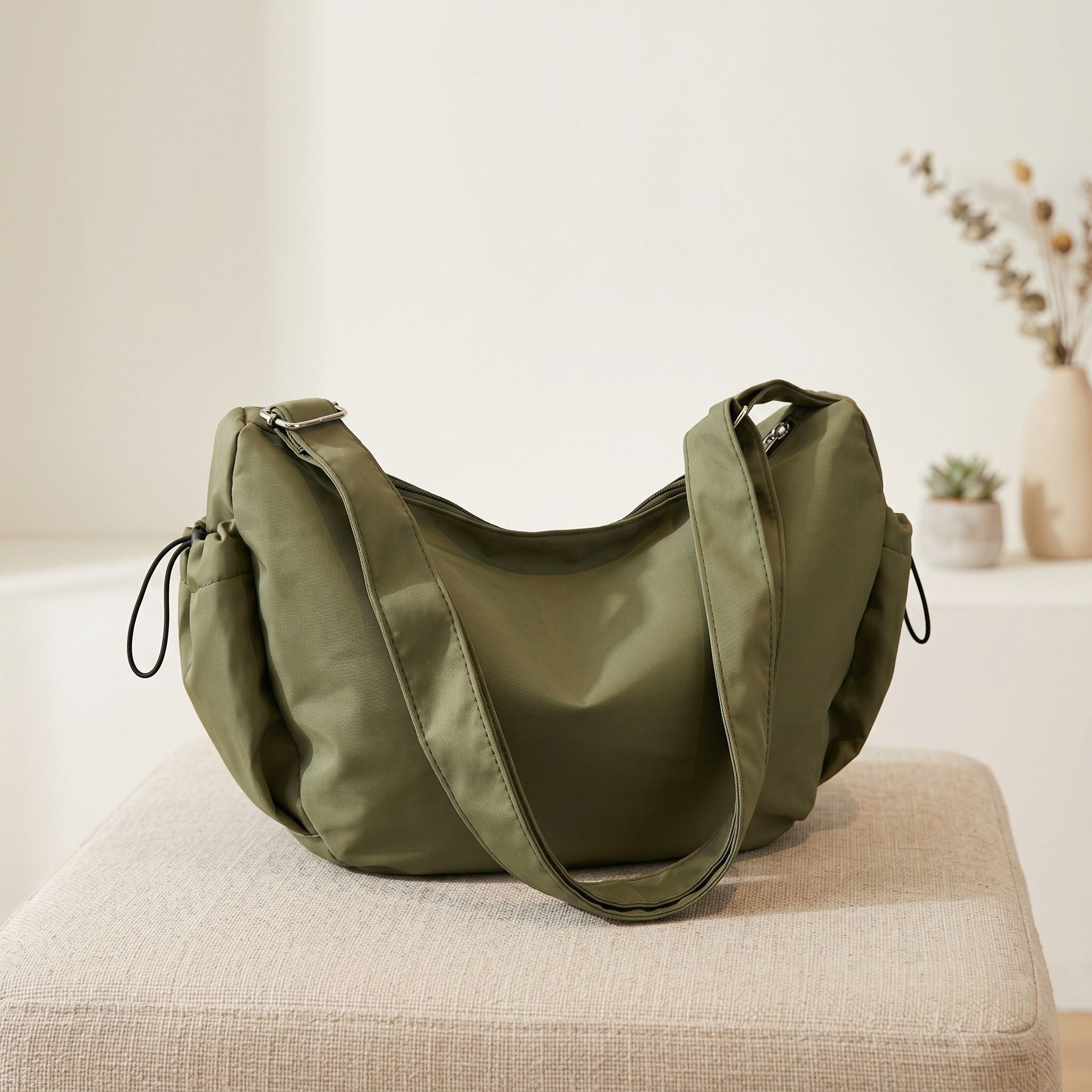 Crescent Crossbody Shoulder Bag with Side Pockets and Adjustable Strap