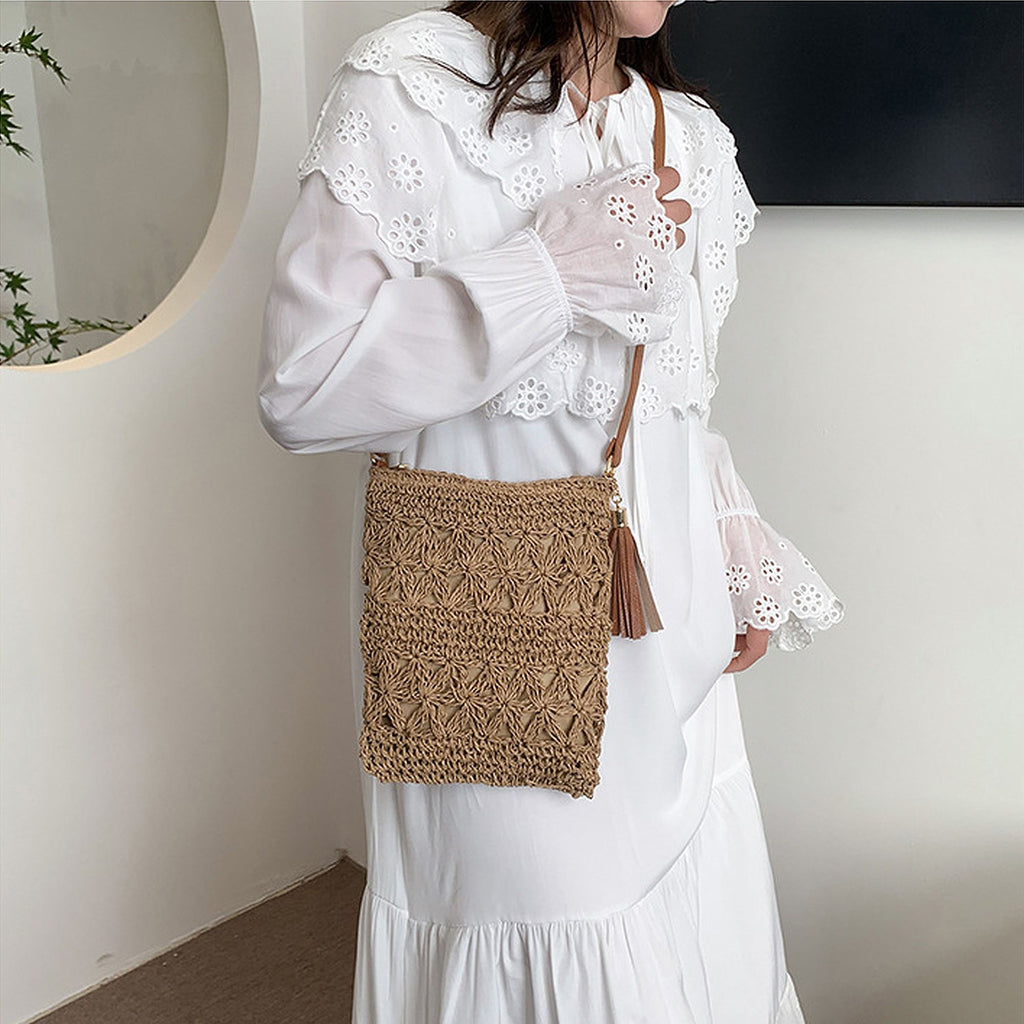 Anna-Kaci Women's Bohemian Crochet Shoulder Bag with Leather Straps