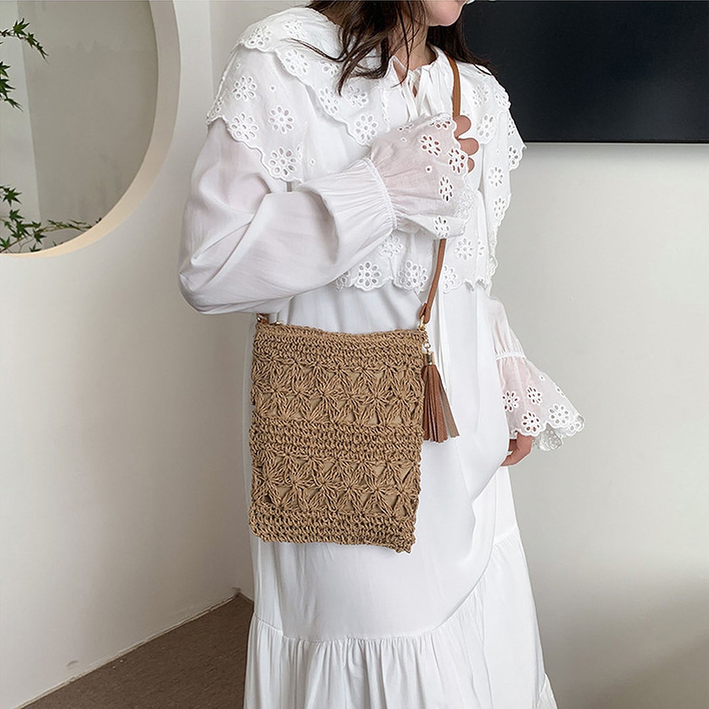 Anna-Kaci Women's Bohemian Crochet Shoulder Bag with Leather Straps
