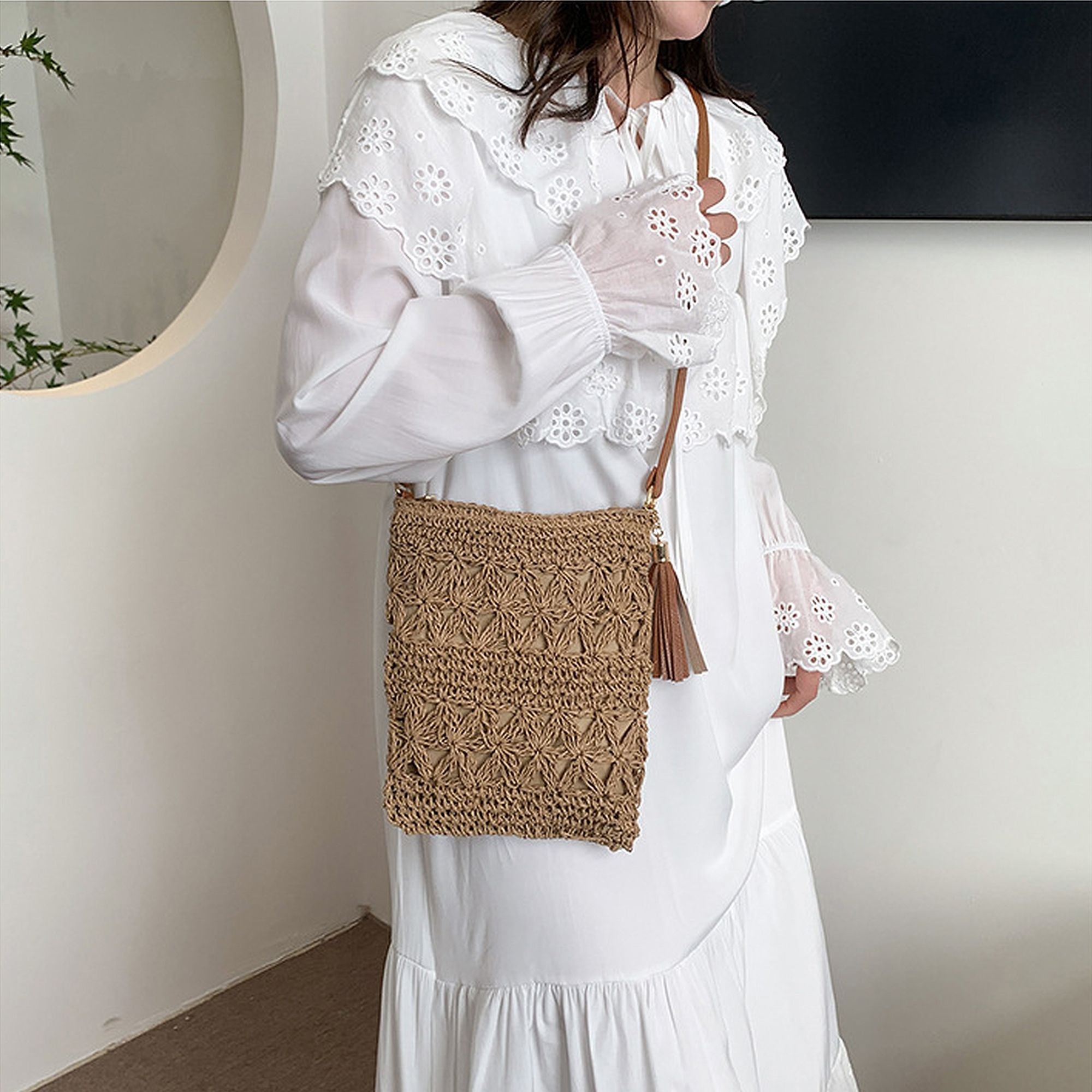Anna-Kaci Women's Bohemian Crochet Shoulder Bag with Leather Straps