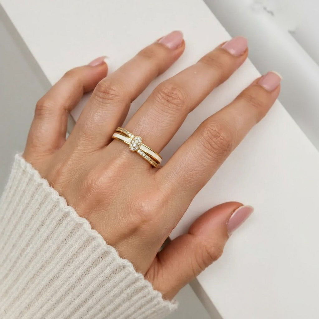 Women's Double Band Ring with Oval Center Pave Detailing and Minimalist Design