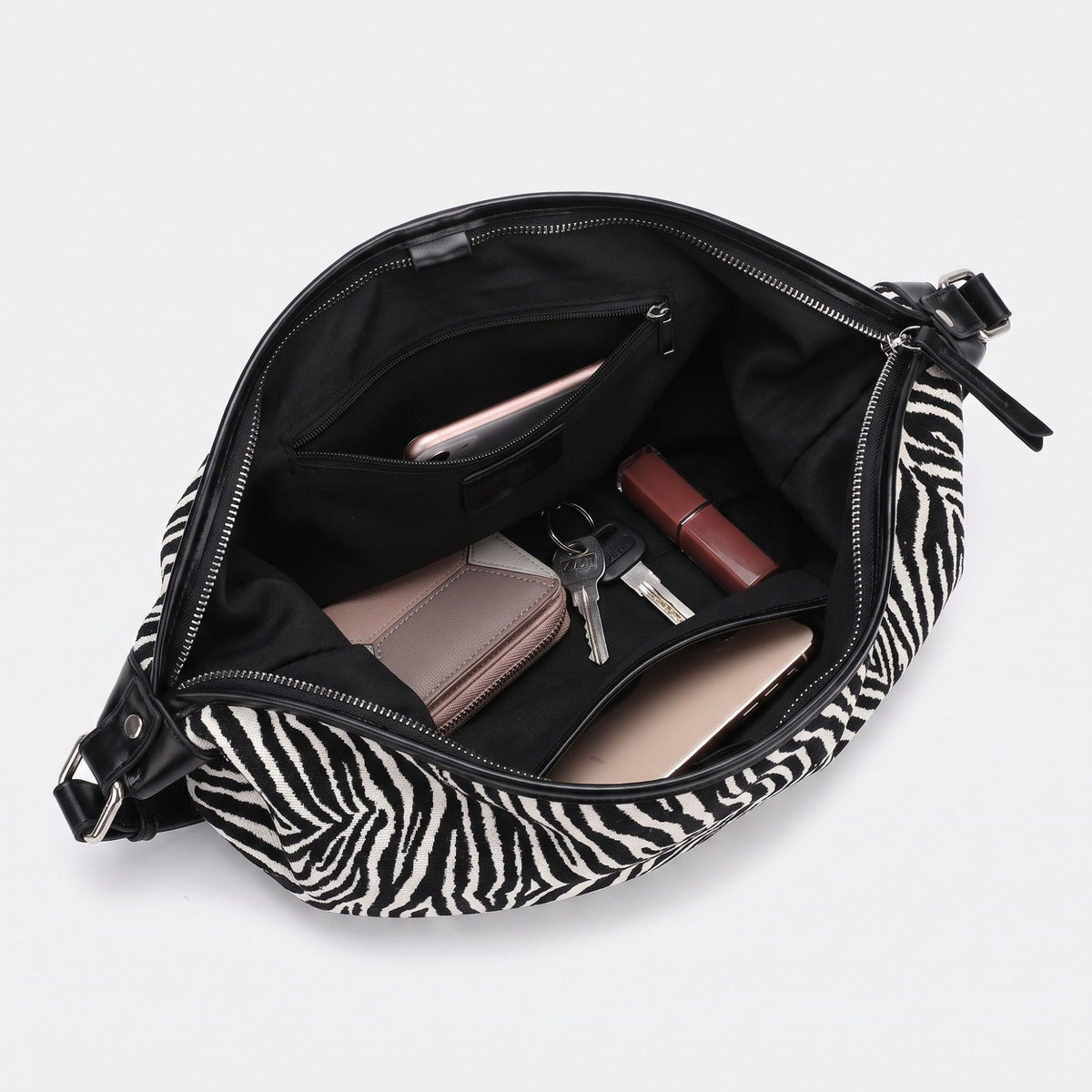 Crescent Hobo Shoulder Bag with Detachable Zip Pouch and Adjustable Strap