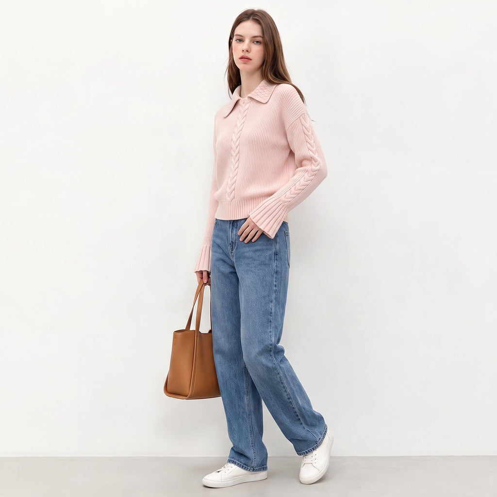 Cable Knit Collared Sweater with Flared Cuffs