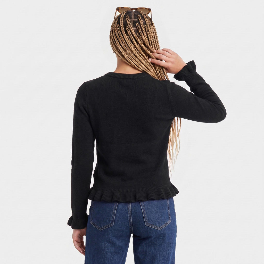 Ruffle Hem Crew Neck Long Sleeve Knit Sweater