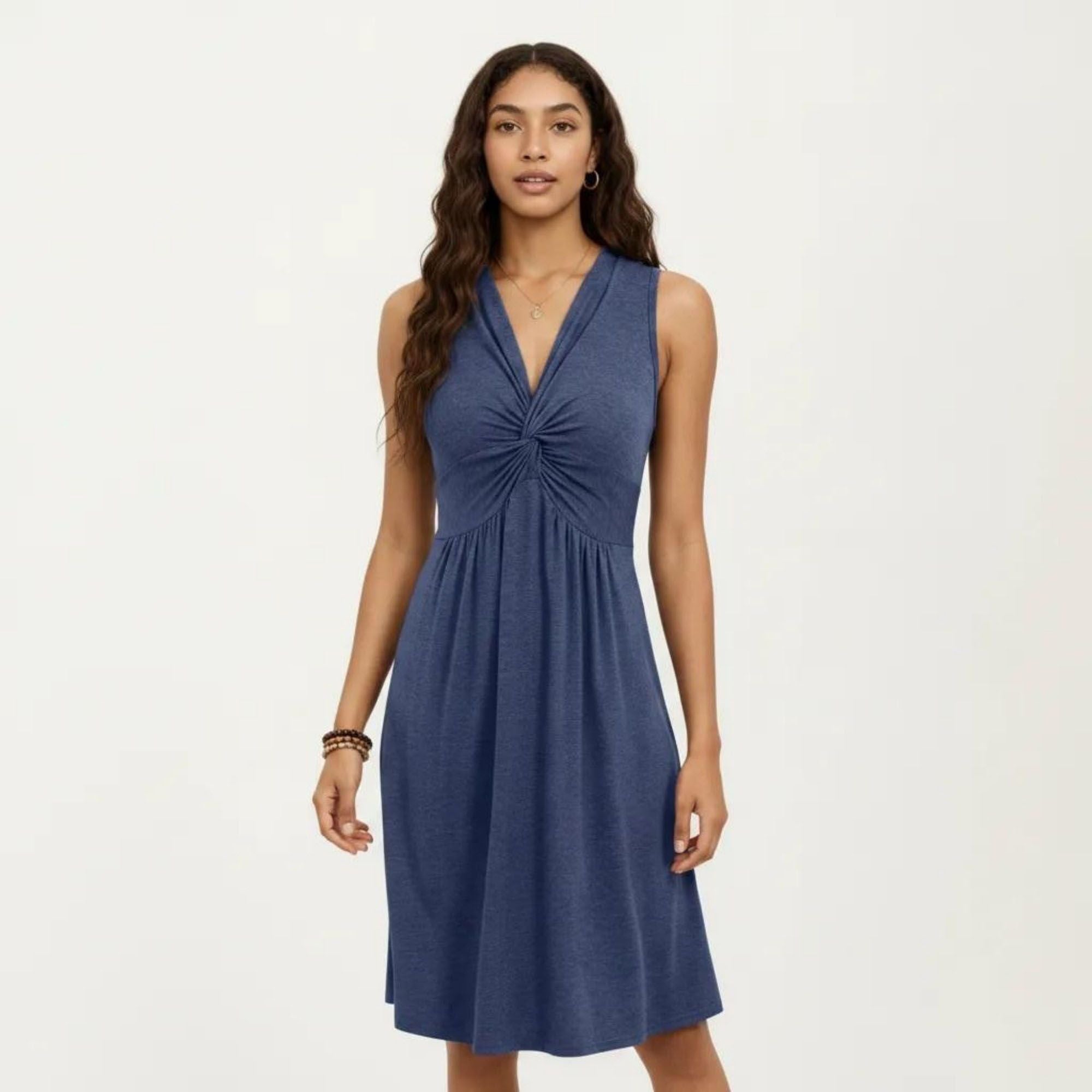 Anna-Kaci Women's Sleeveless V Neck Midi Dress with Front Twist Detail and Flowy A Line Silhouette