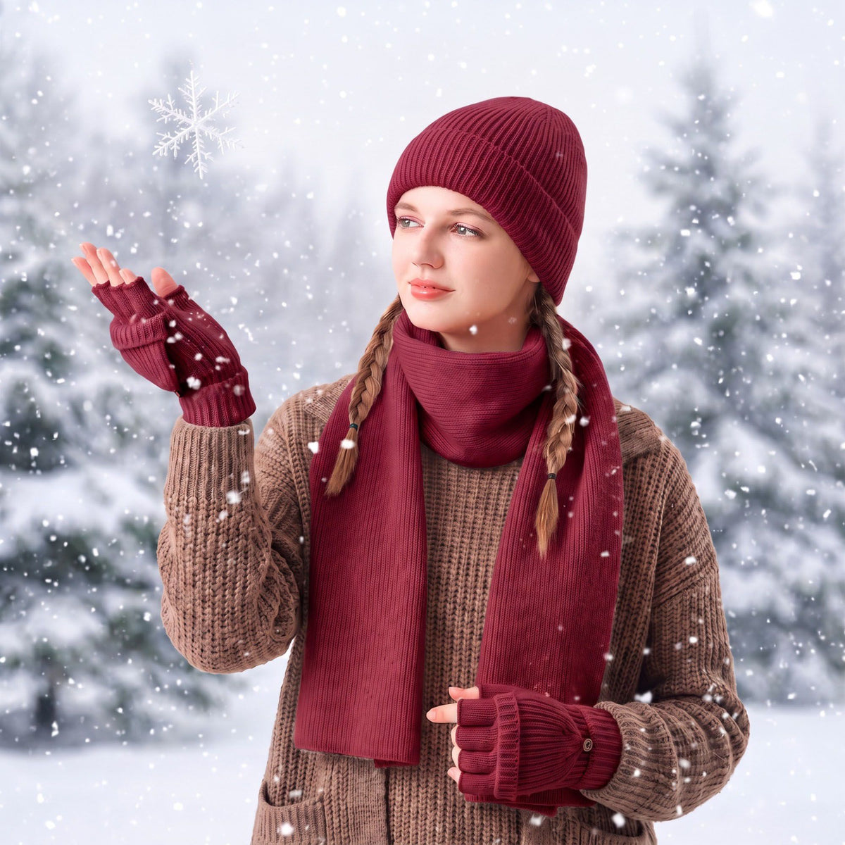 3 Piece Beanie Scarf and Convertible Fingerless Gloves Winter Set