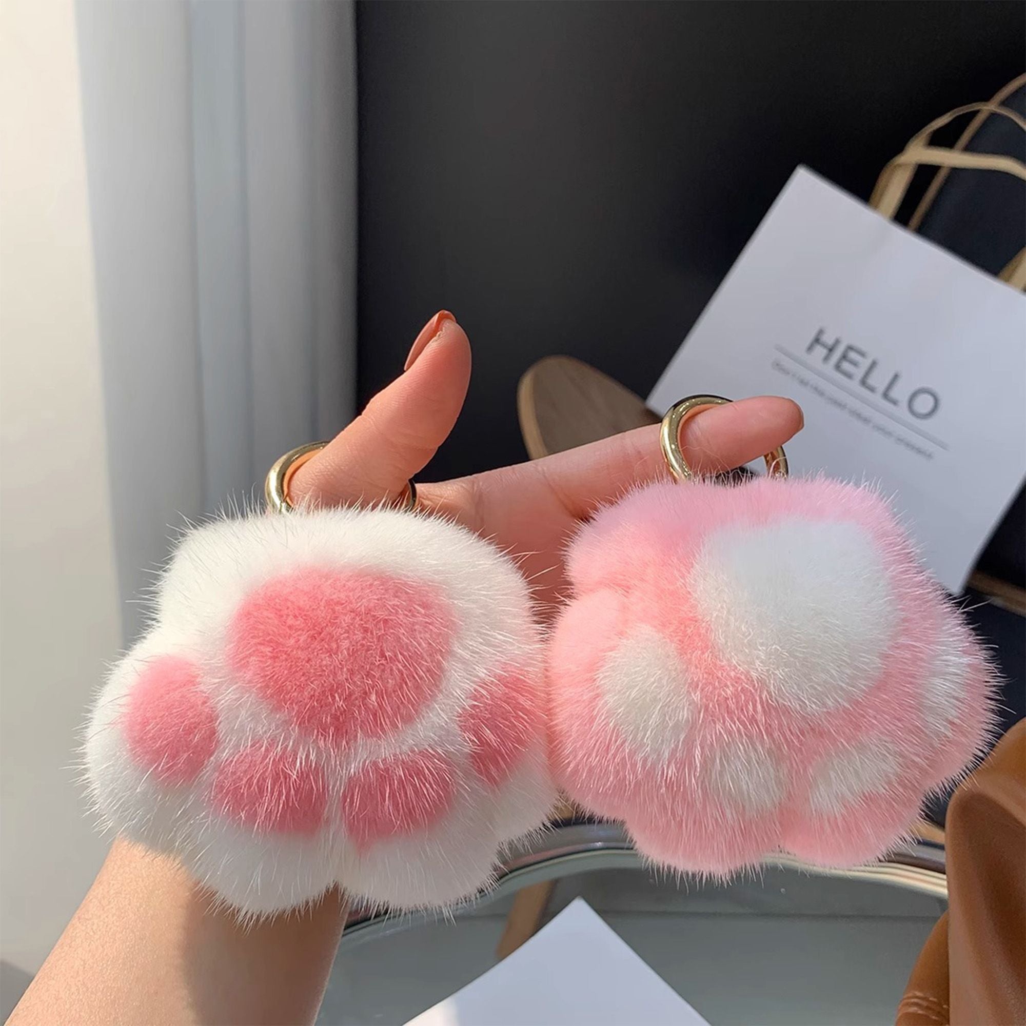 2-PC Plush Paw Print Faux Fur Keychain with Metal Clip