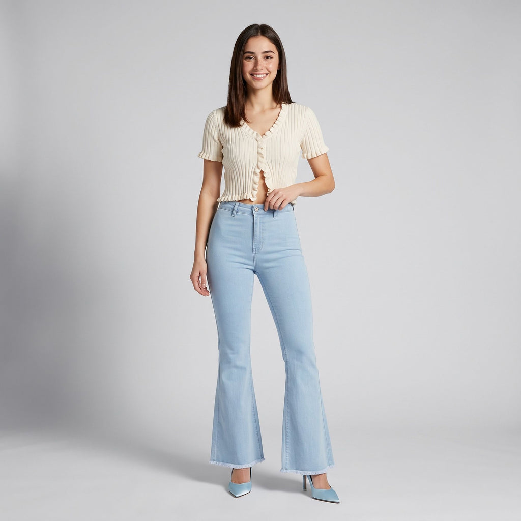 High Rise Flare Pants Button Front Stretch Wide Leg Hem Pants