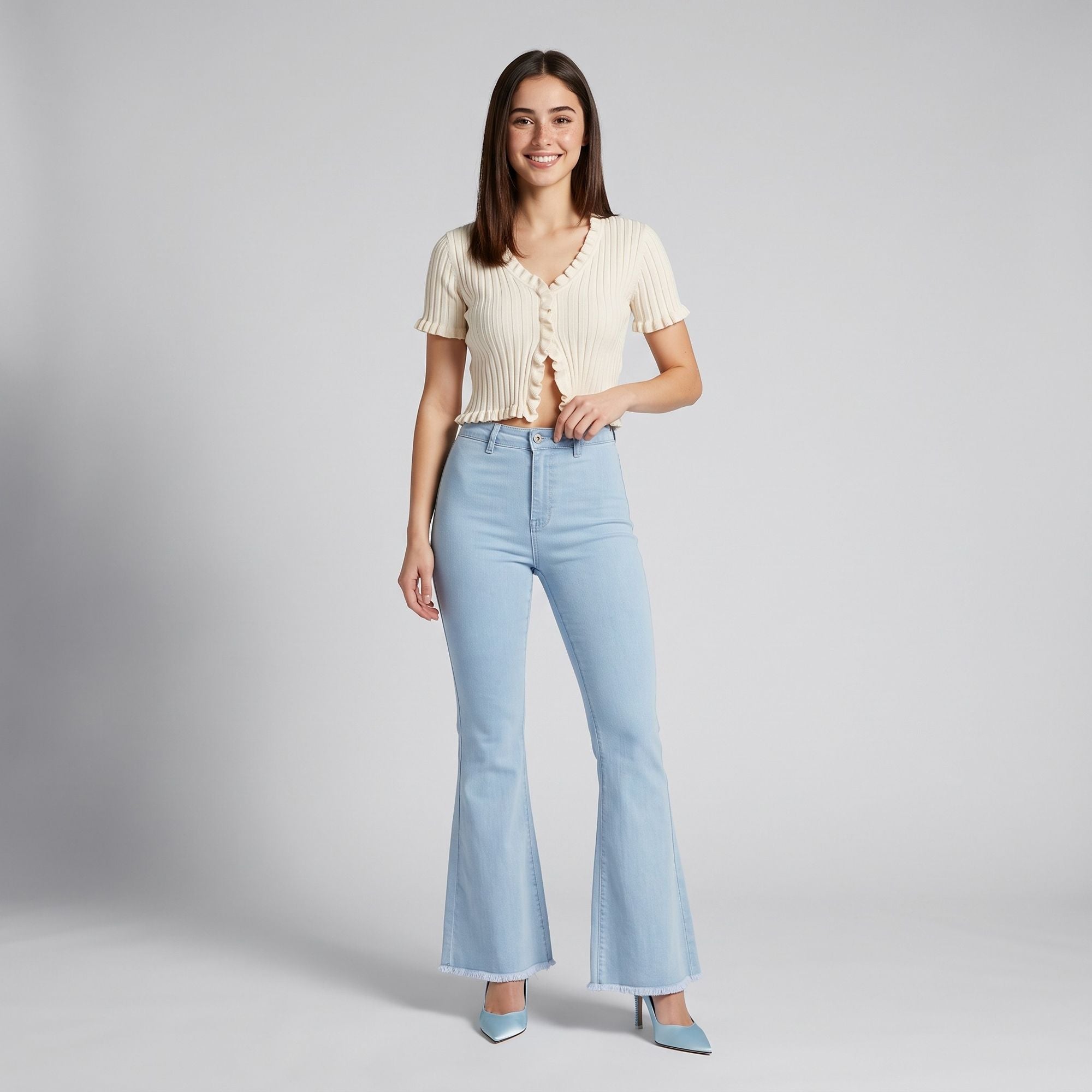 High Rise Flare Pants Button Front Stretch Wide Leg Hem Pants