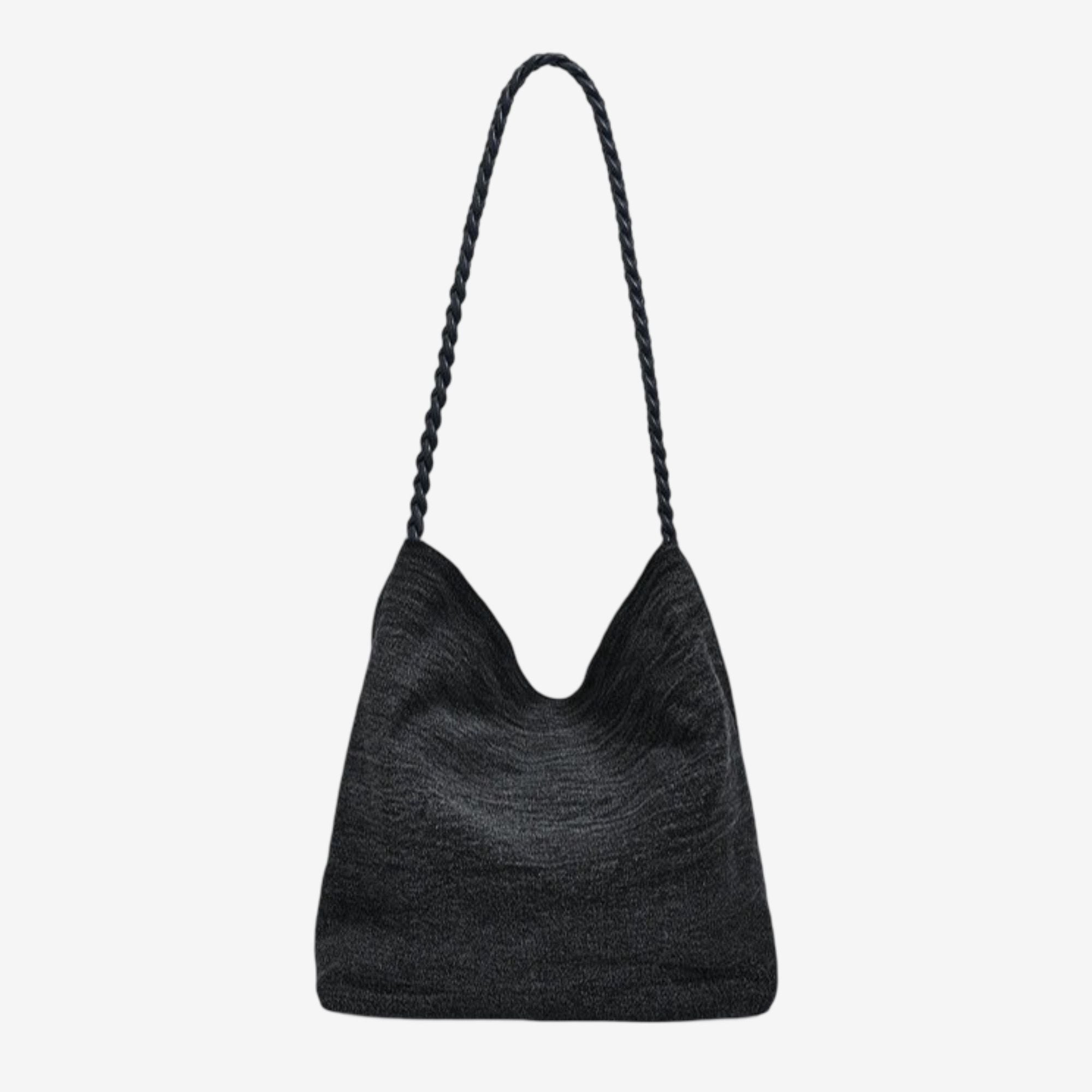 Black Sequin Embellished Braided Shoulder Bag Canvas Handbag