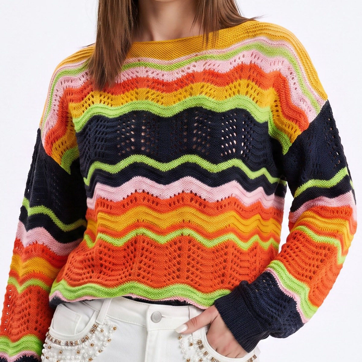 Multicolor Wave Stripe Openwork Knit Long Sleeve Pullover Sweater