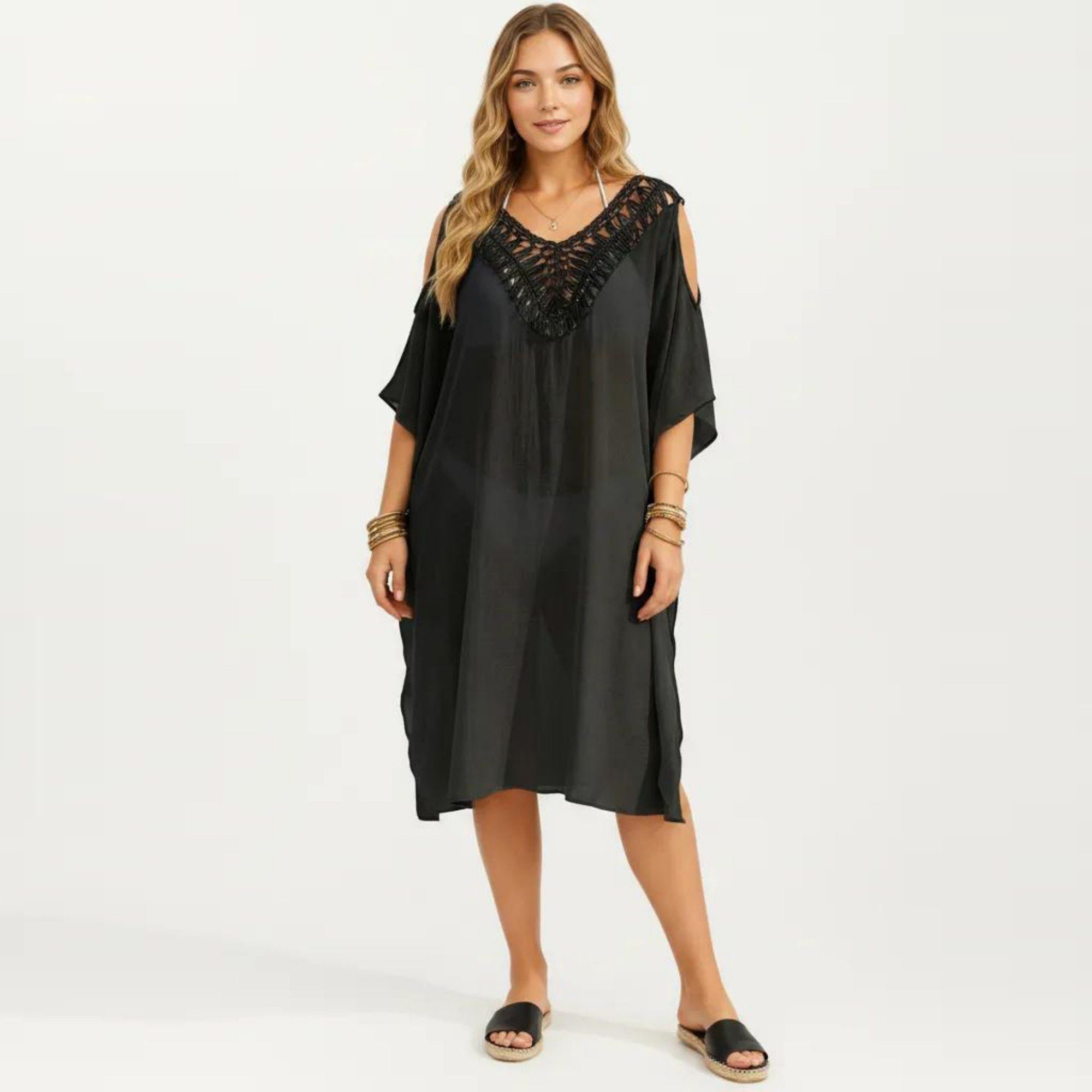 Anna-Kaci Women's Crochet V Neck Swim Cover Up Dress with Cold Shoulder Sleeves and Relaxed Fit