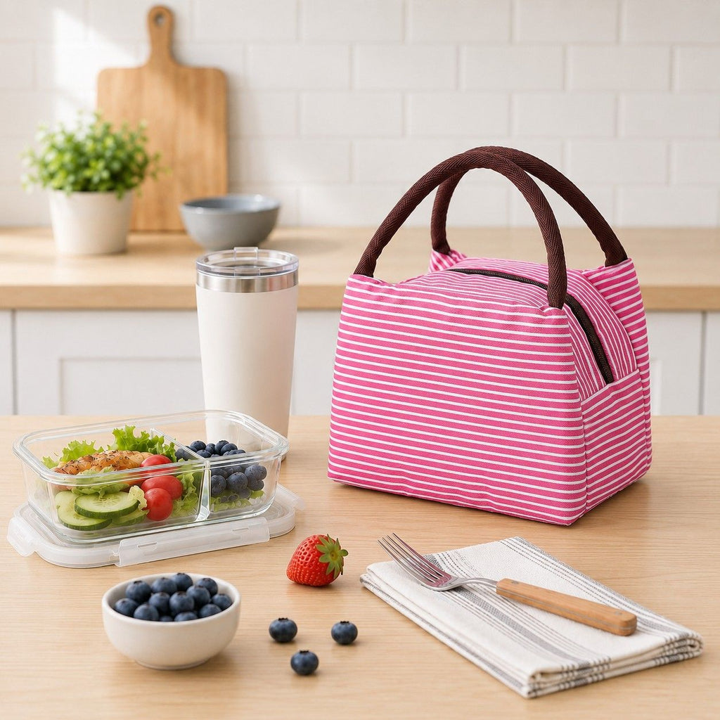 Insulated Striped Lunch Bag Reusable Soft Cooler Tote for Work School Picnic